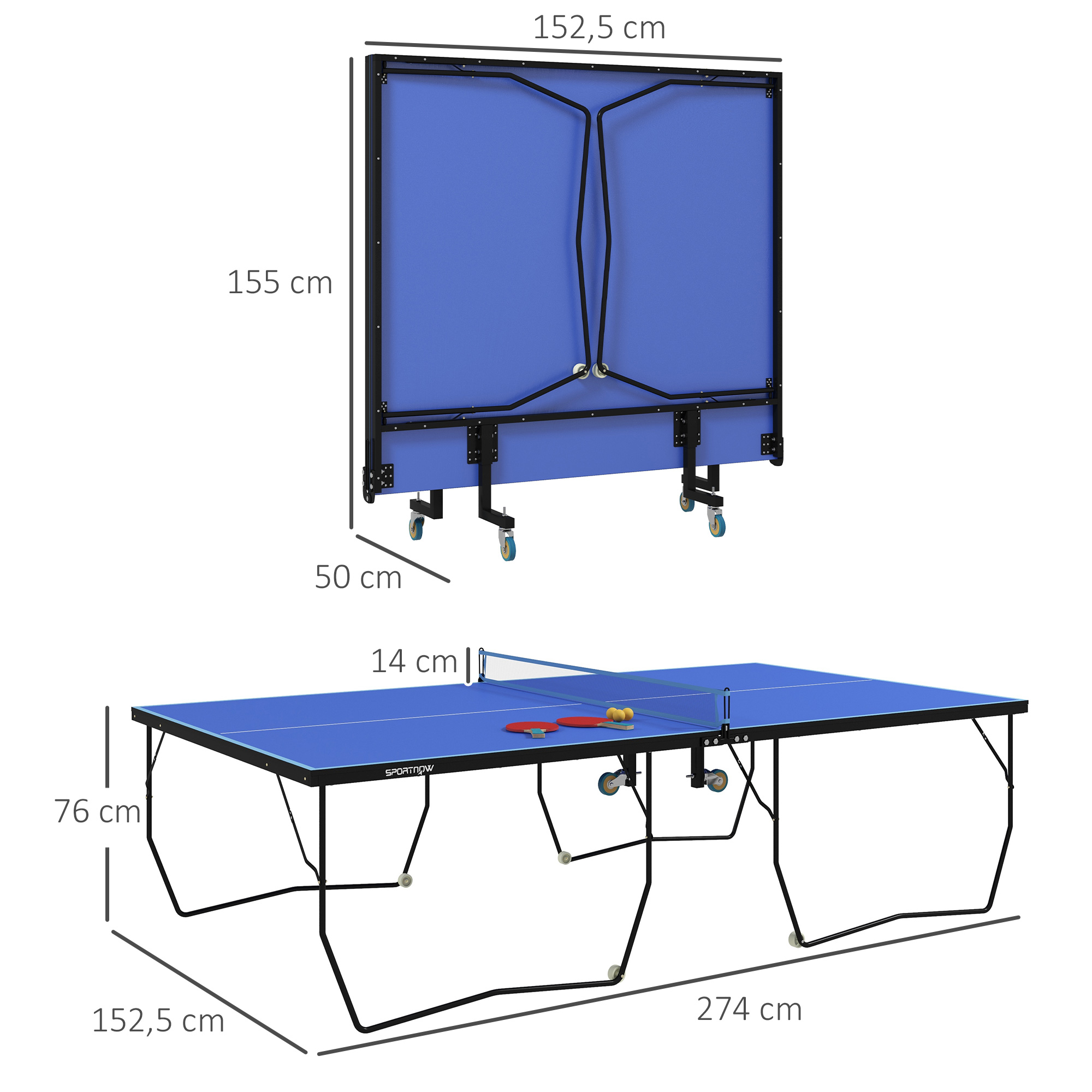 Tischtennisplatte, klappbar, 8 Räder, pulverbeschichteter Stahlrahmen, MDF, 274 x 152,5 x 76 cm, Blau