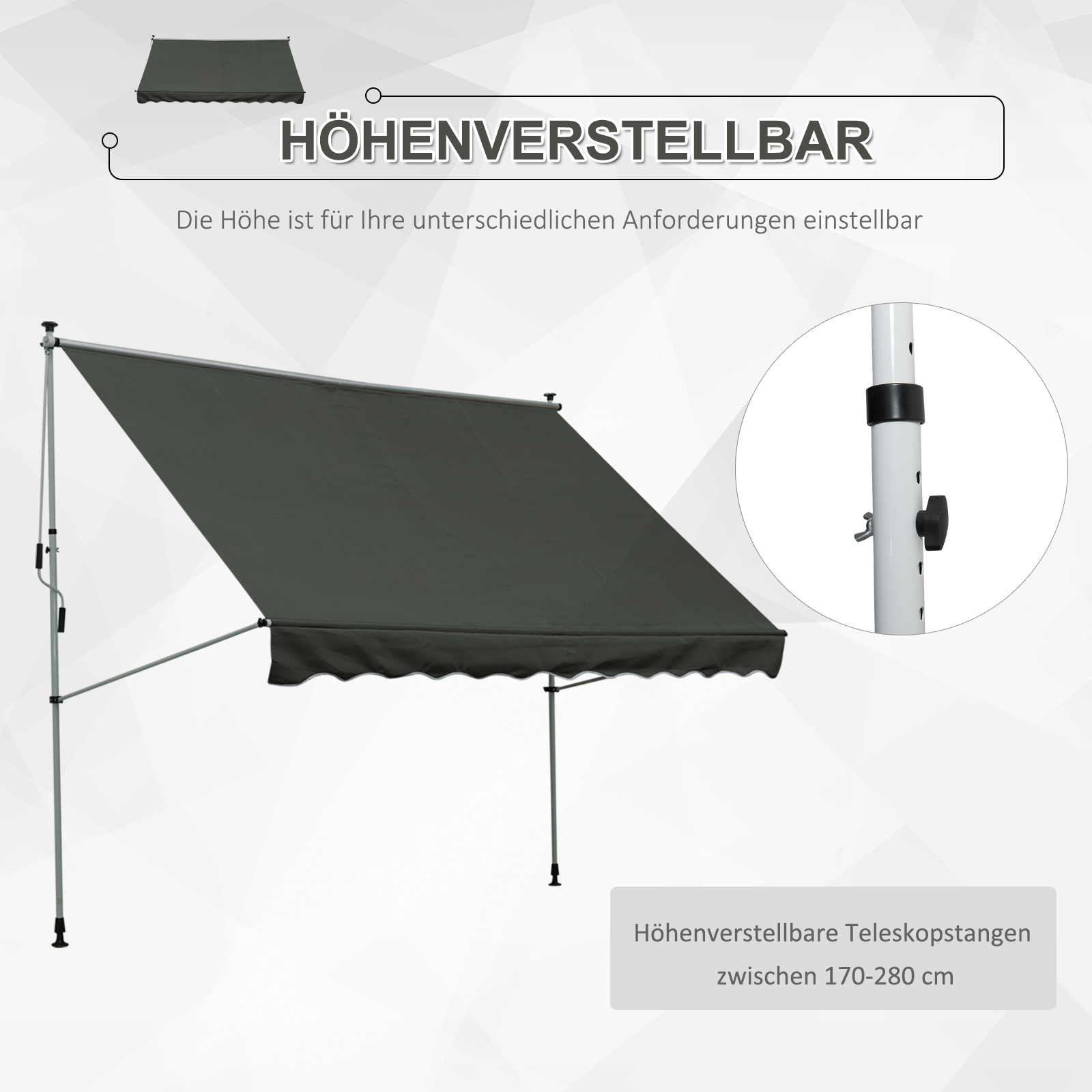 Klemmmarkise mit Handkurbel höhenverstellbar Gelenkarmmarkise schmutzabweisend, witterungsbeständig Balkonmarkise 150cm breit Terrassenmarkise für Terrasse Balkon Veranda Grau