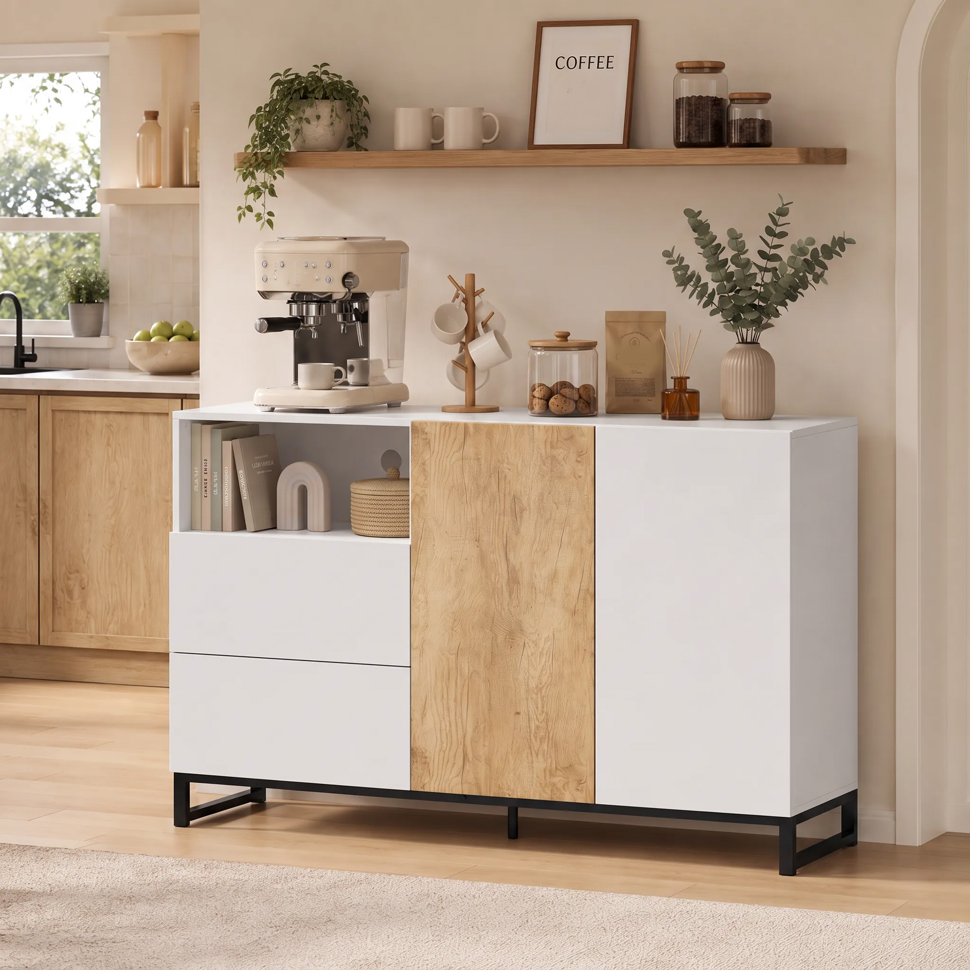 Sideboard Moderner Aufbewahrungsschrank mit 2 Soft-Close-Türen und 2 Schubladen 140x40x85 cm, Weiß