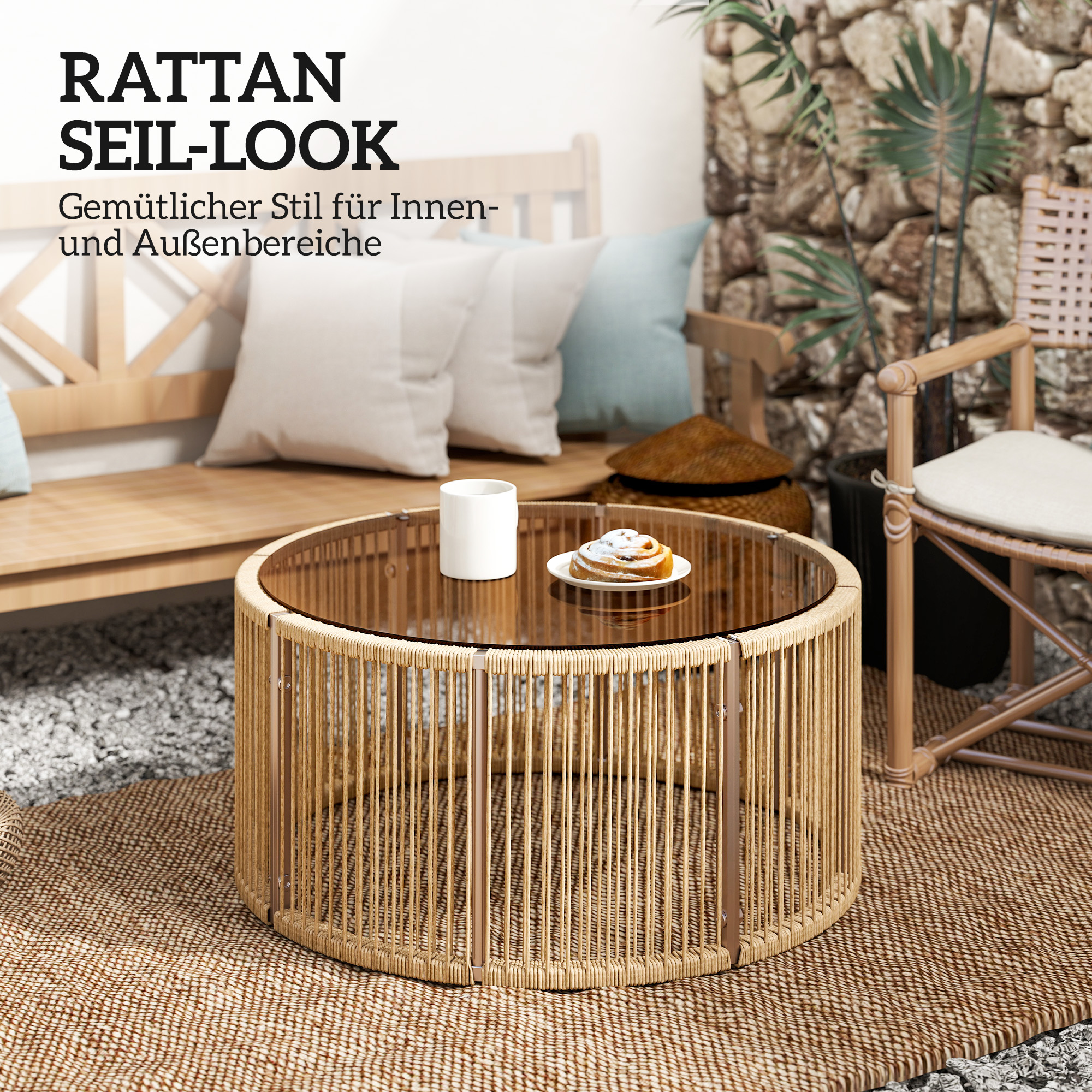 Beistelltisch aus Polyrattan Kaffeetisch mit gehärteter Glasplatte Gartentisch mit Stahlrahmen 70 x 70 x 33 cm Braun