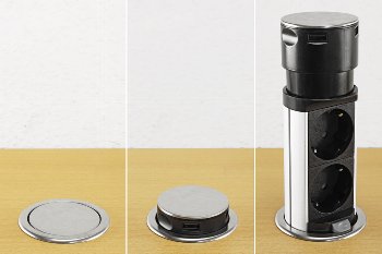 Schreibtisch-Einbausteckdose, rund Mini / versenkbar, Edelstahl, 3x Steckd,USB A+C