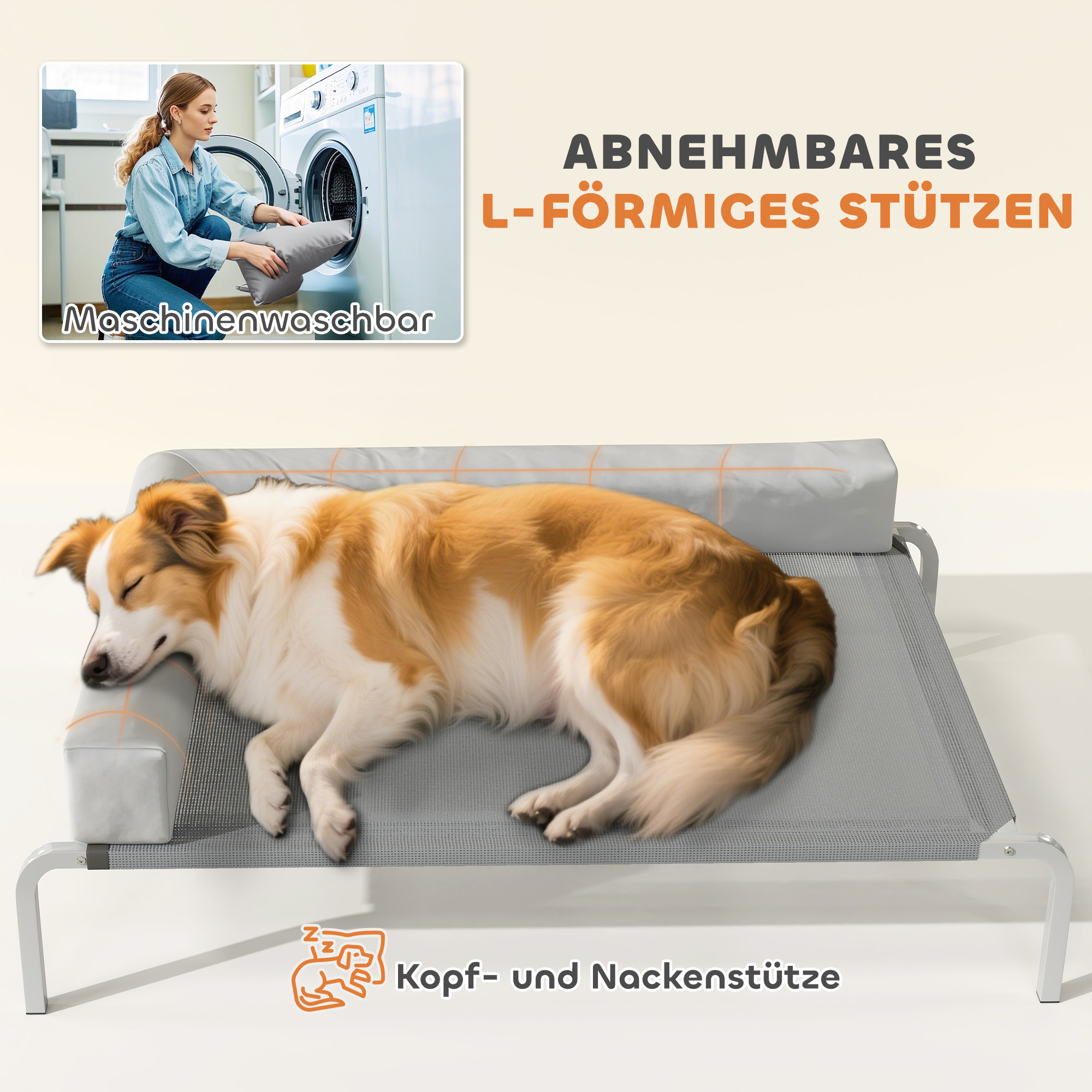 Hundeliege Outdoor, Erhöhtes Hundebett für Mittelgroße Hunde, mit L-förmige Kissen 110x75x30cm, Hellgrau