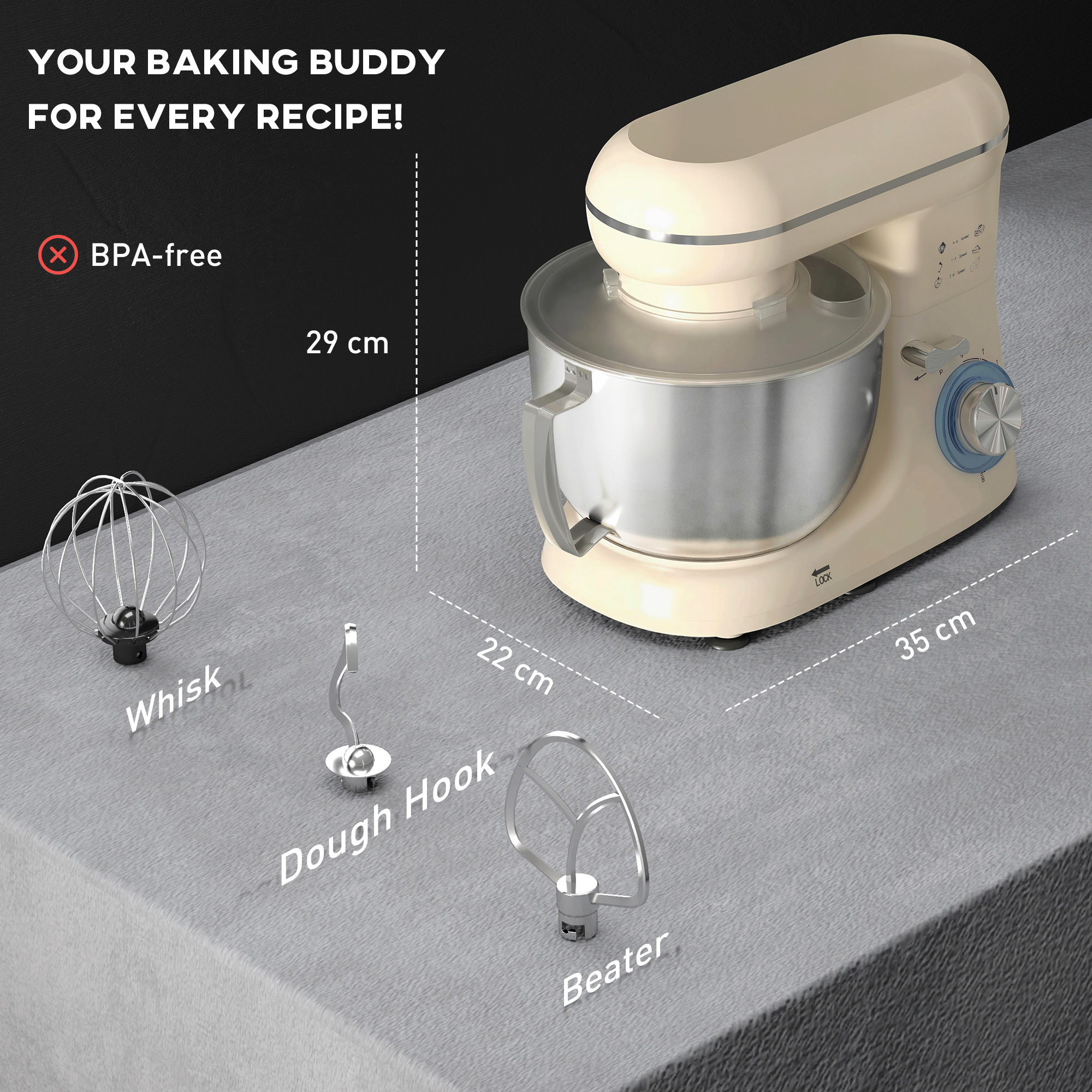 Küchenmaschine Knetmaschine mit 4,5L Edelstahlschüssel 1300W Teigmaschine mit 6+P Geschwindigkeit Beige