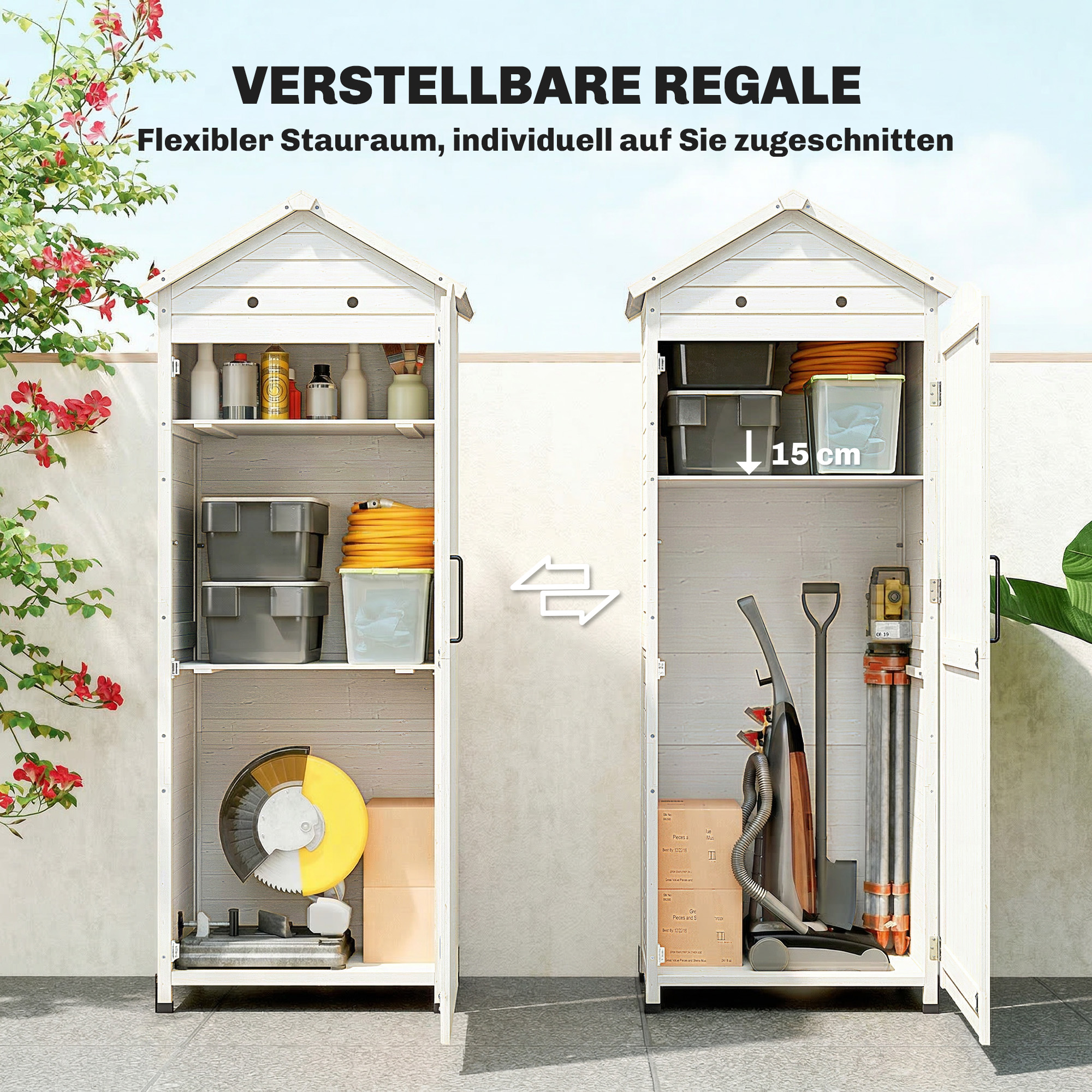 Gartenschrank Holz extra hohe Geräteschuppen mit verstellbar Ablage magnetisch Tür galvanisiert Dach Belüftung