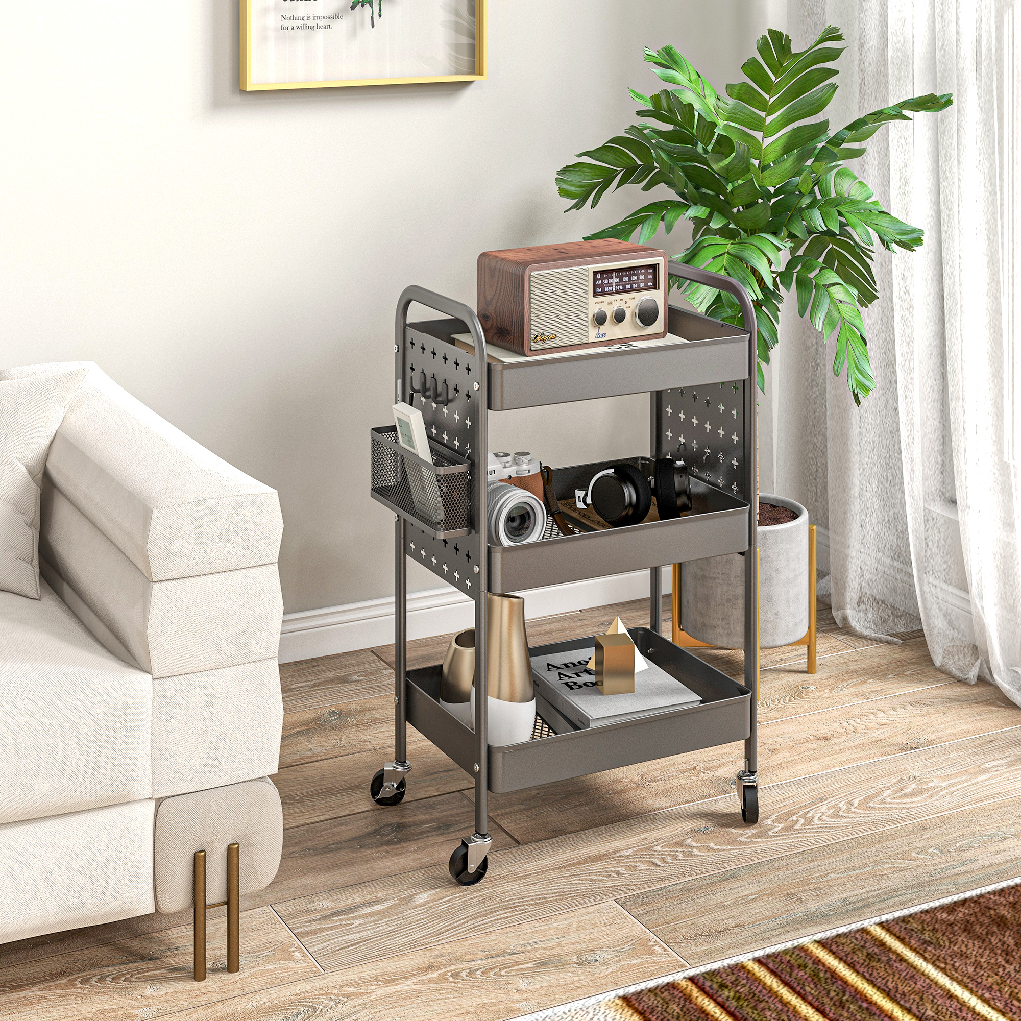 Mehrzweckwagen Rollwagen Küchenwagen, 3 Regale, 4 Rollen, 53,5 cm x 30,5 cm x 75 cm, Grau