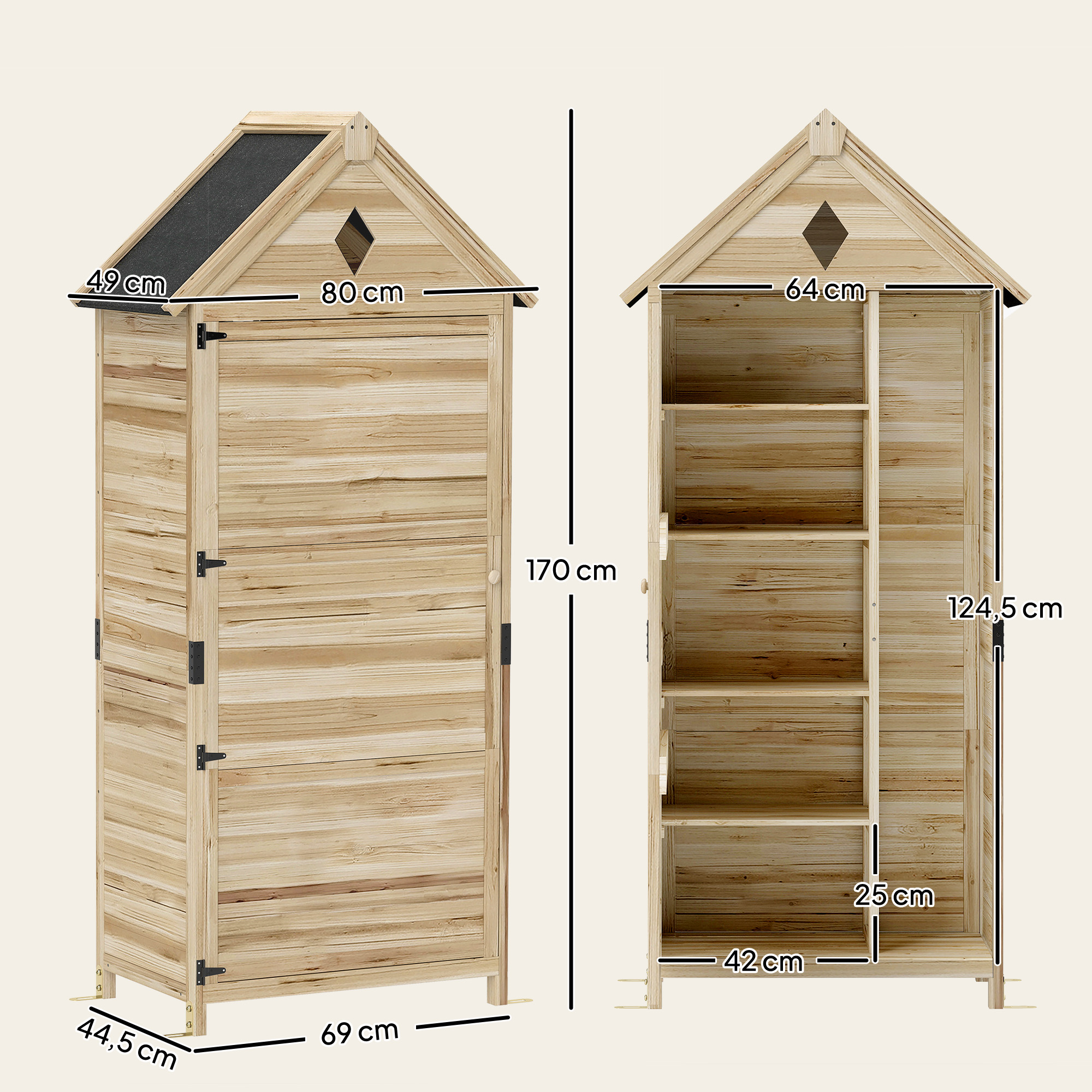 Gartenschuppen mit 4 Regalen, Lagerschuppen aus Holz, wasserdichtes Asphalt-Dach, 80 x 49 x 170 cm, Hellbraun