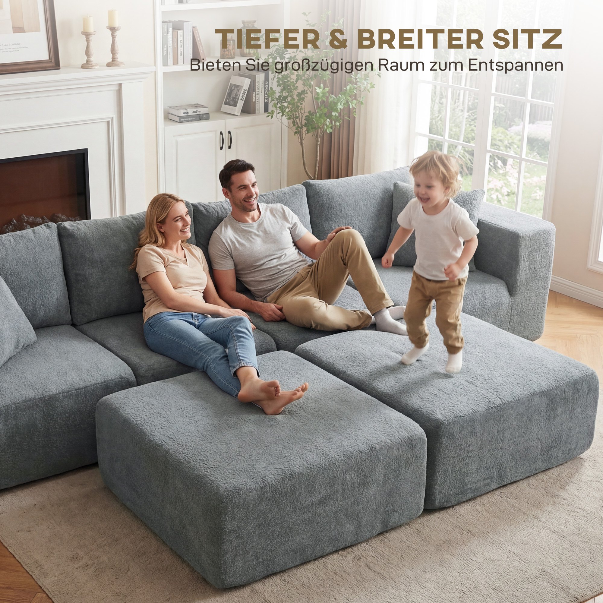 Modulares Ecksofa, U-Form Sofa mit breitem und tiefem Sitz, 2 Hocker, dunkelgrau