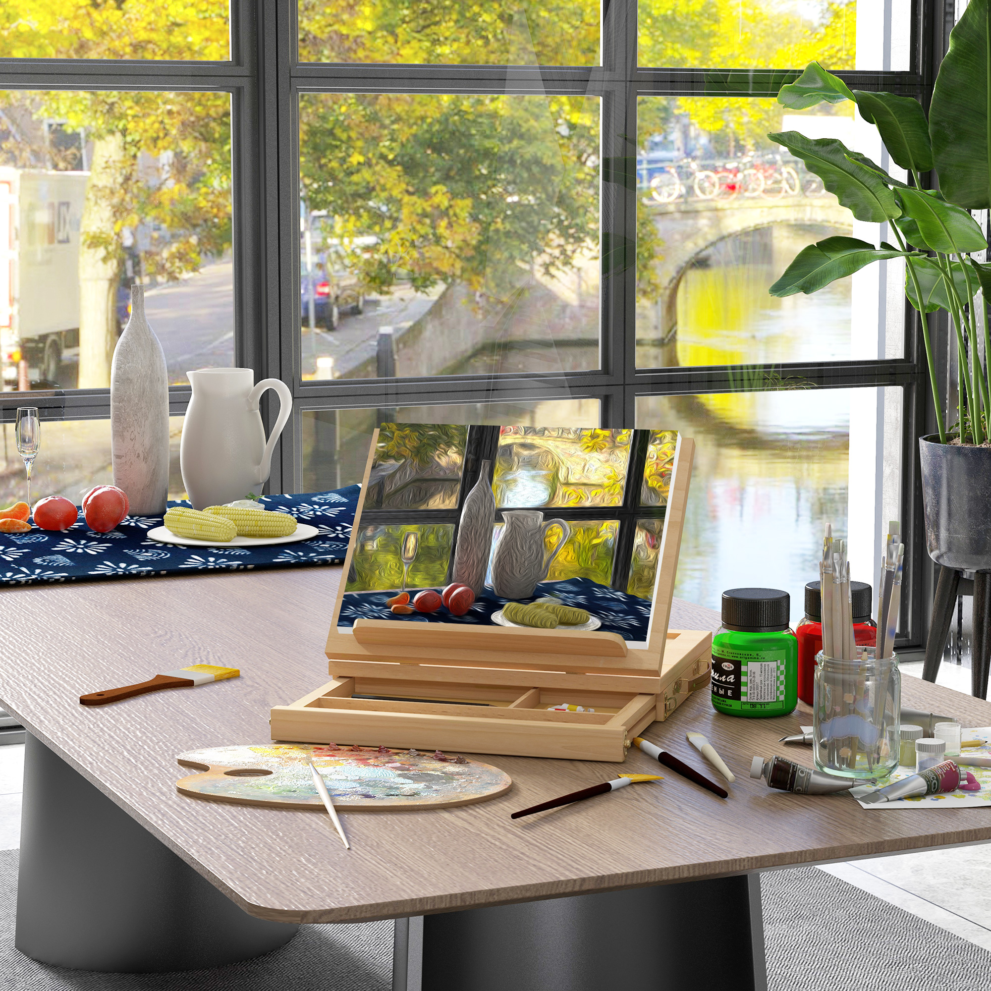 Tischstaffelei, kleine Staffelei, 1 Schublade, 3 Fächer, Massivholz, Natur