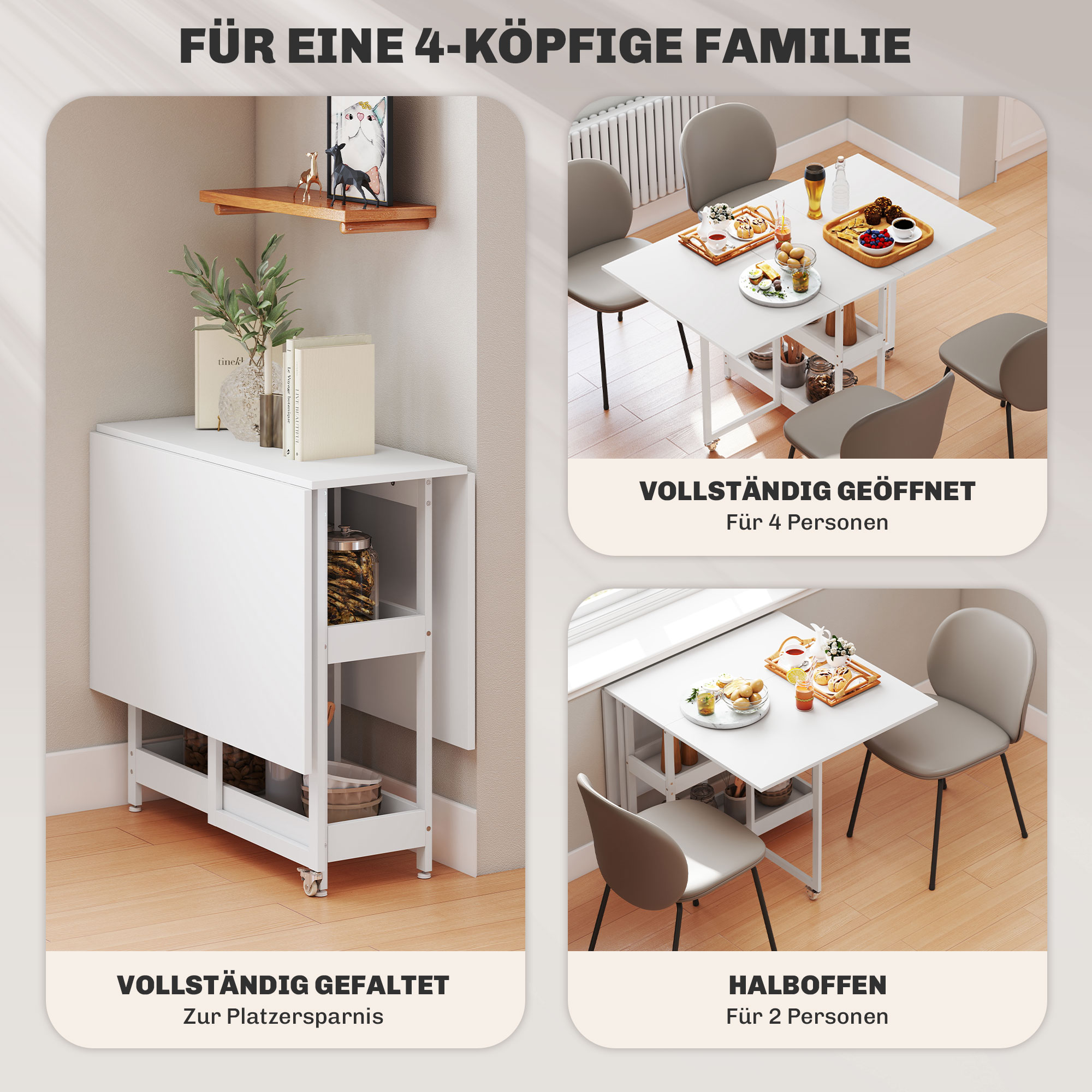 Klappbarer Esstisch im Industriedesign, für bis zu 4 Personen, offene Regale, flexibel, Metall, Spanplatte, Weiß