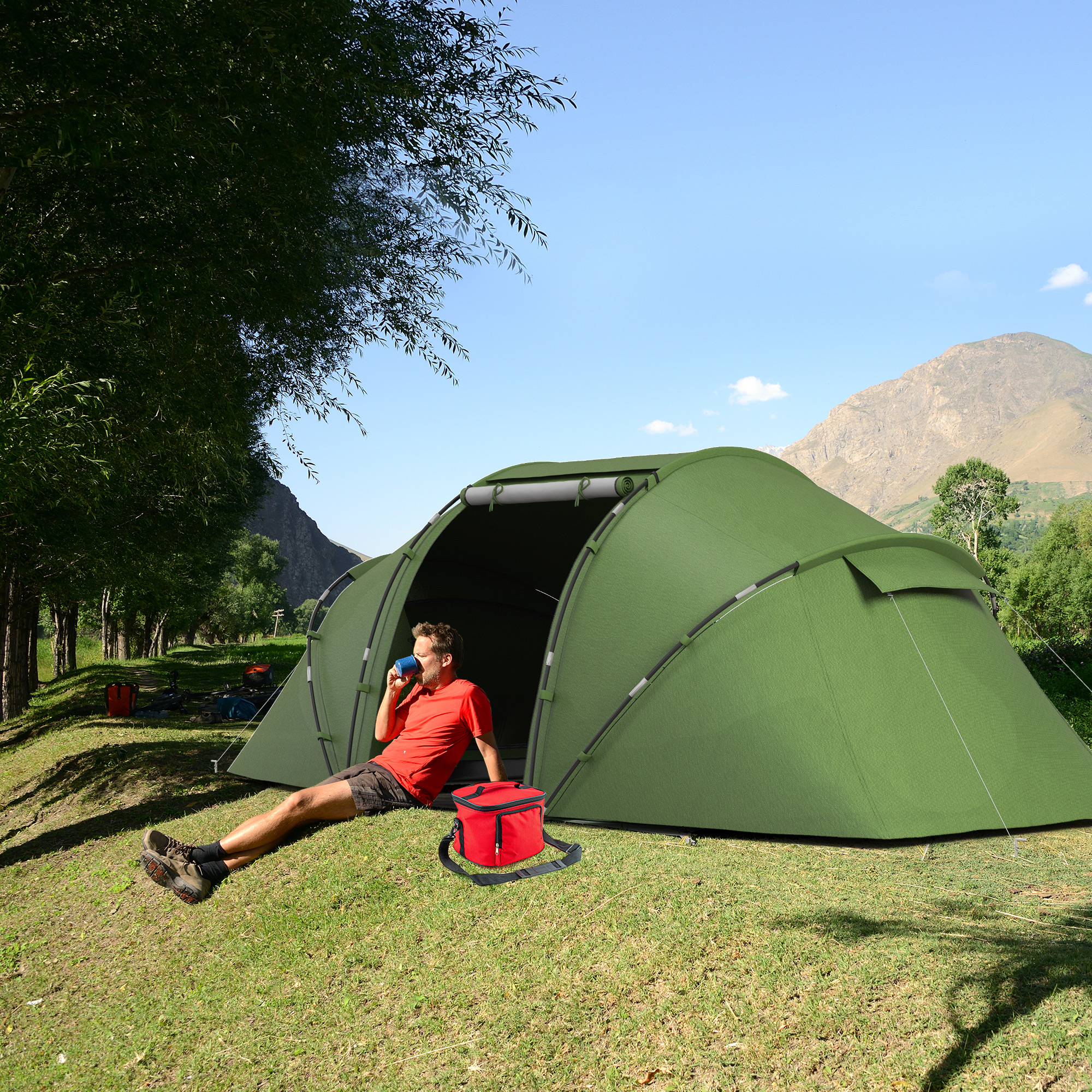 Tunnelzelt für 4-6 Personen, Campingzelt mit Tür, Bodenplane, 2000mm wasserdicht Grün