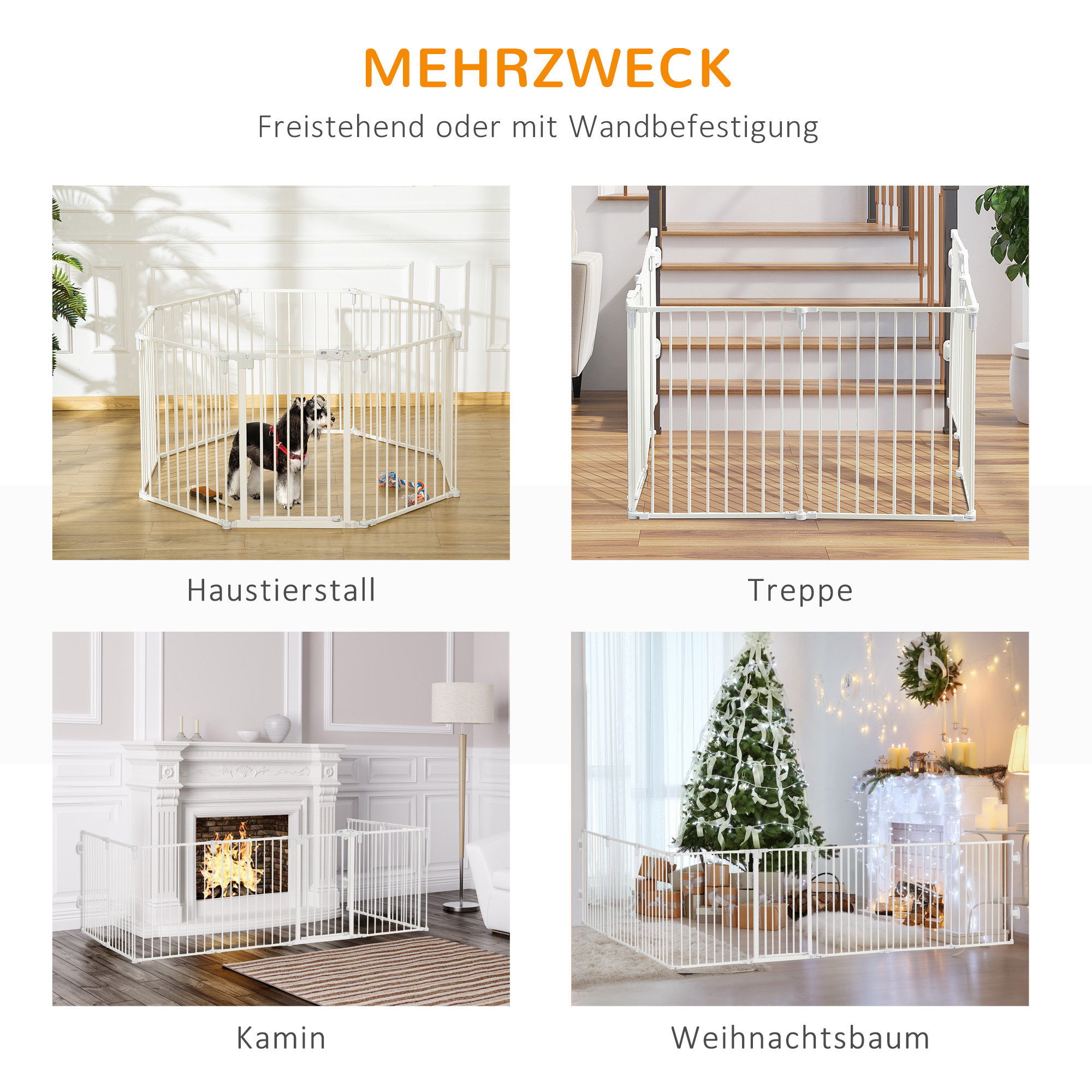 Welpenauslauf Freigehege für Hund Schutzgitter mit Tür Kaminschutzgitter flexible klappbar 8 Paneele je 60 x 76 cm Weiß