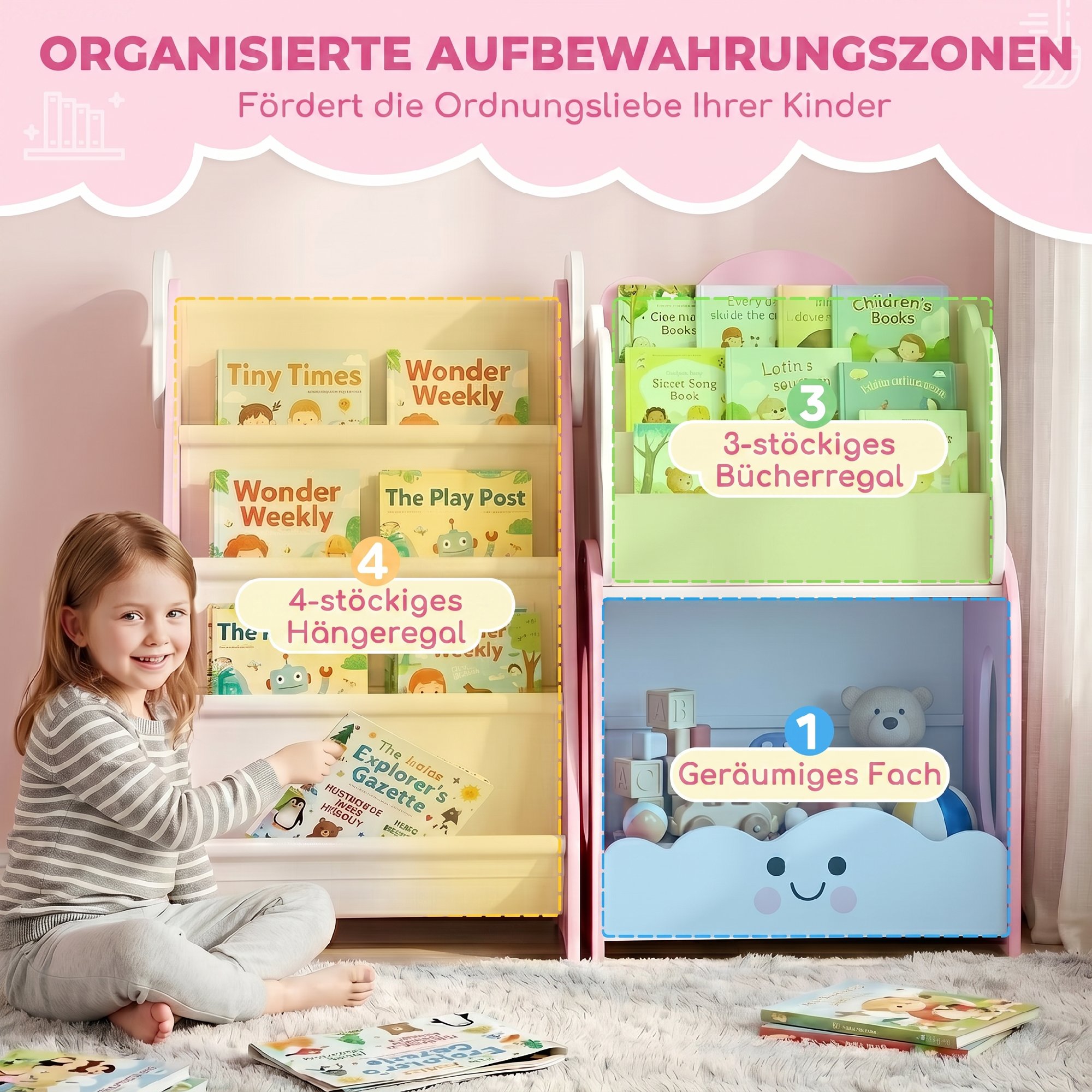 3-in-1 Kinderregal mit Spielzeugaufbewahrung, Modularer Bücherregal mit 4 Taschen & 3 Ebenen sowie Nachttisch, Rosa