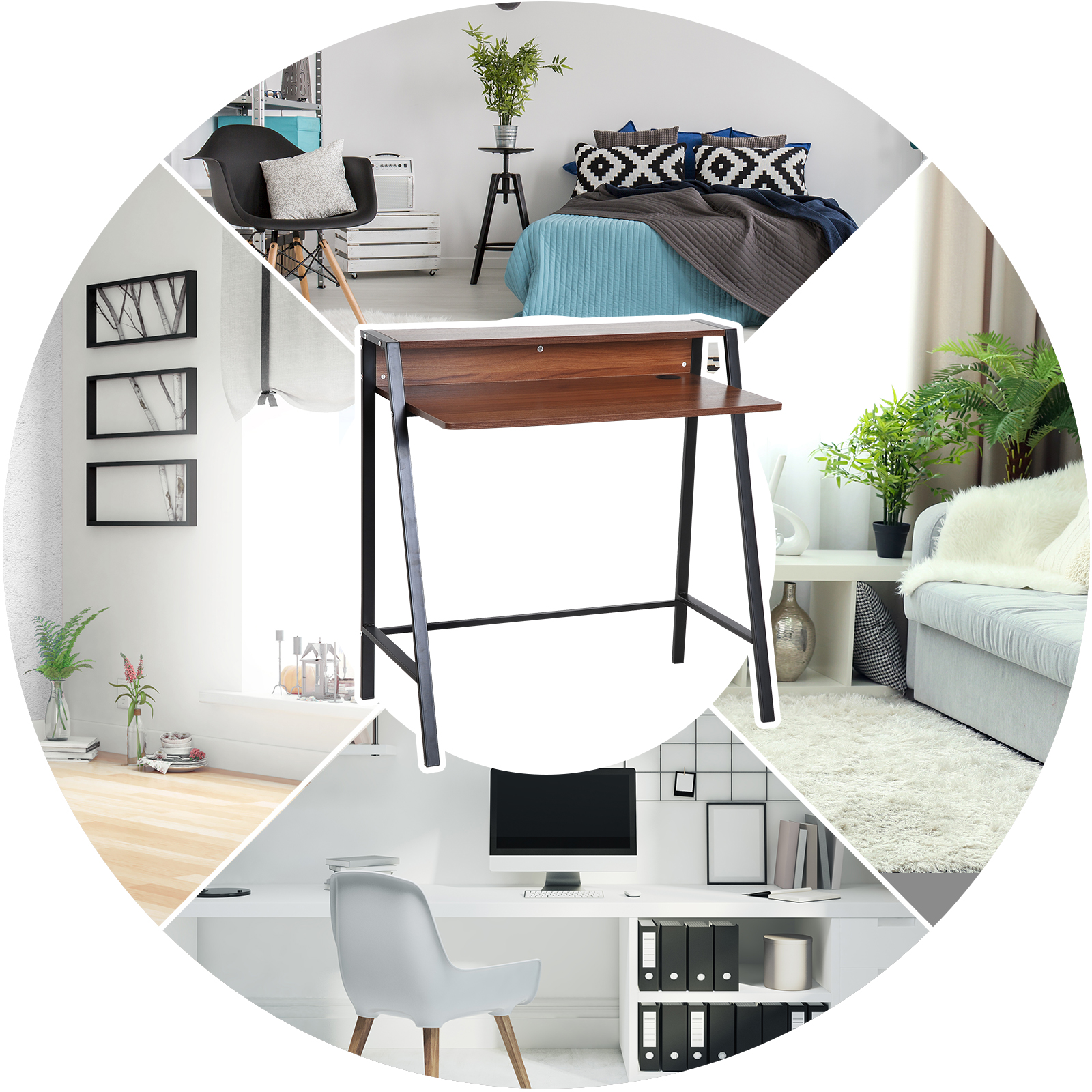 Schreibtisch, Computertisch mit Ablage und Kabel Management, moderner Schreibtisch mit Metallgestell für Arbeitszimmer, Schlafzimmer, Home Office, 84 x 45 x 85 cm, Walnuss+Schwarz