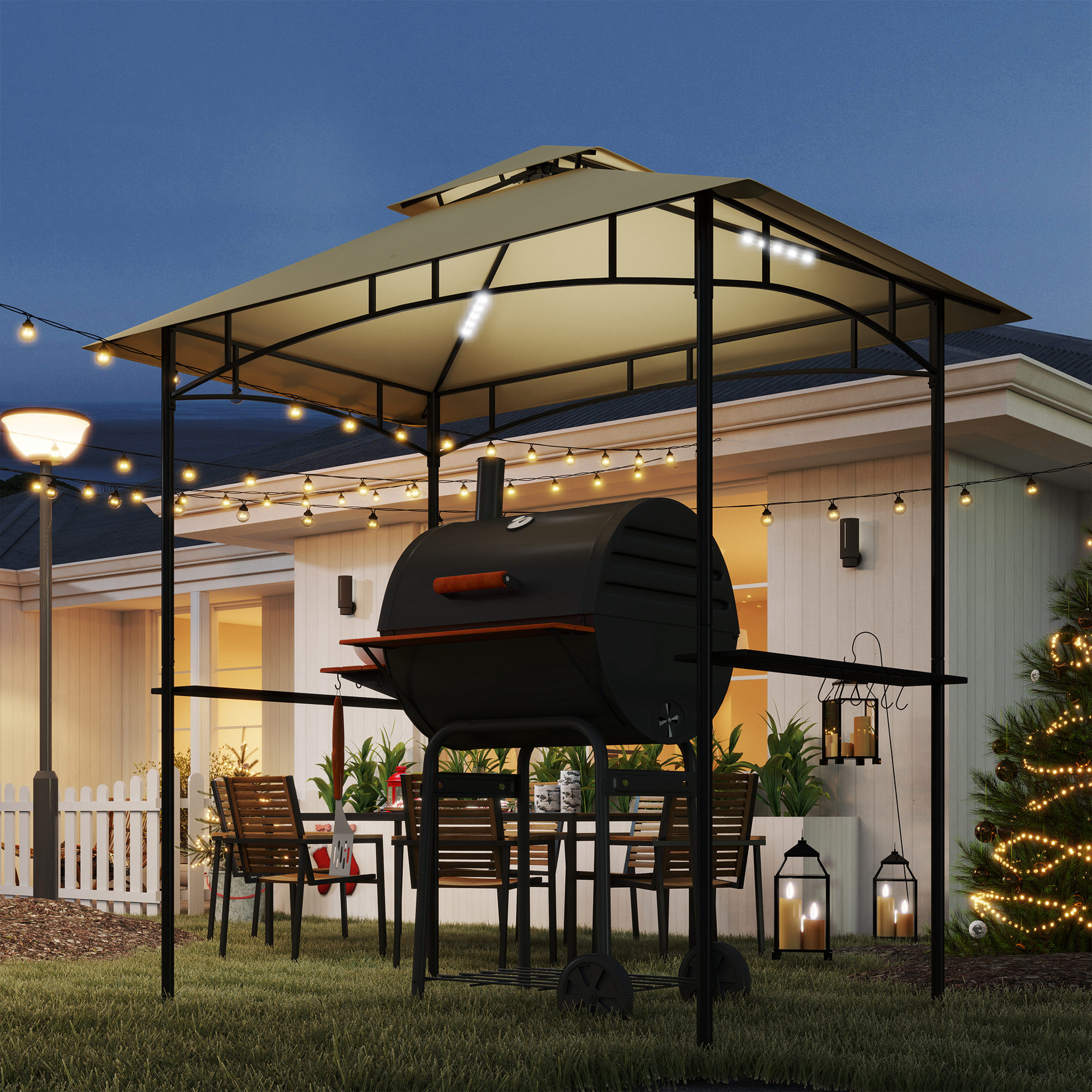 Grillpavillon mit LED 240 x 150 x 258 cm wasserabweisend flammhemmend Gartenpavillon mit Doppelschichtdach