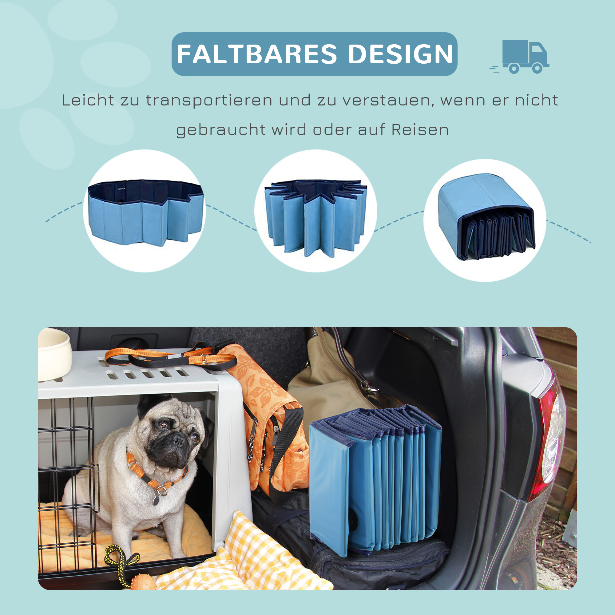Hundebadewanne faltbar Badewanne Hundepool Plantschbecken Swimmingpool Wasserbecken für Hunde und Katzen Schwimmbecken Kunststoff+Holz Blau Ø80 x H20 cm