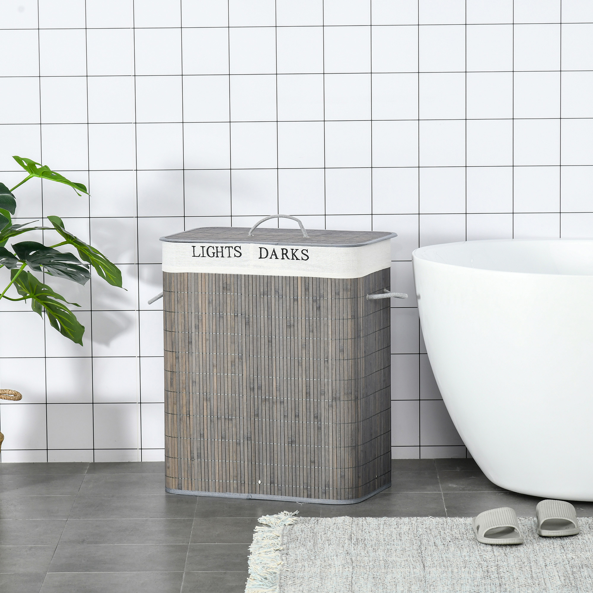 100L Wäschekorb mit 3 Griffen, mit waschbarem Wäschesack, Bambus, Polyester, Baumwolle, Metall, 52 x 32 x 63 cm, Grau