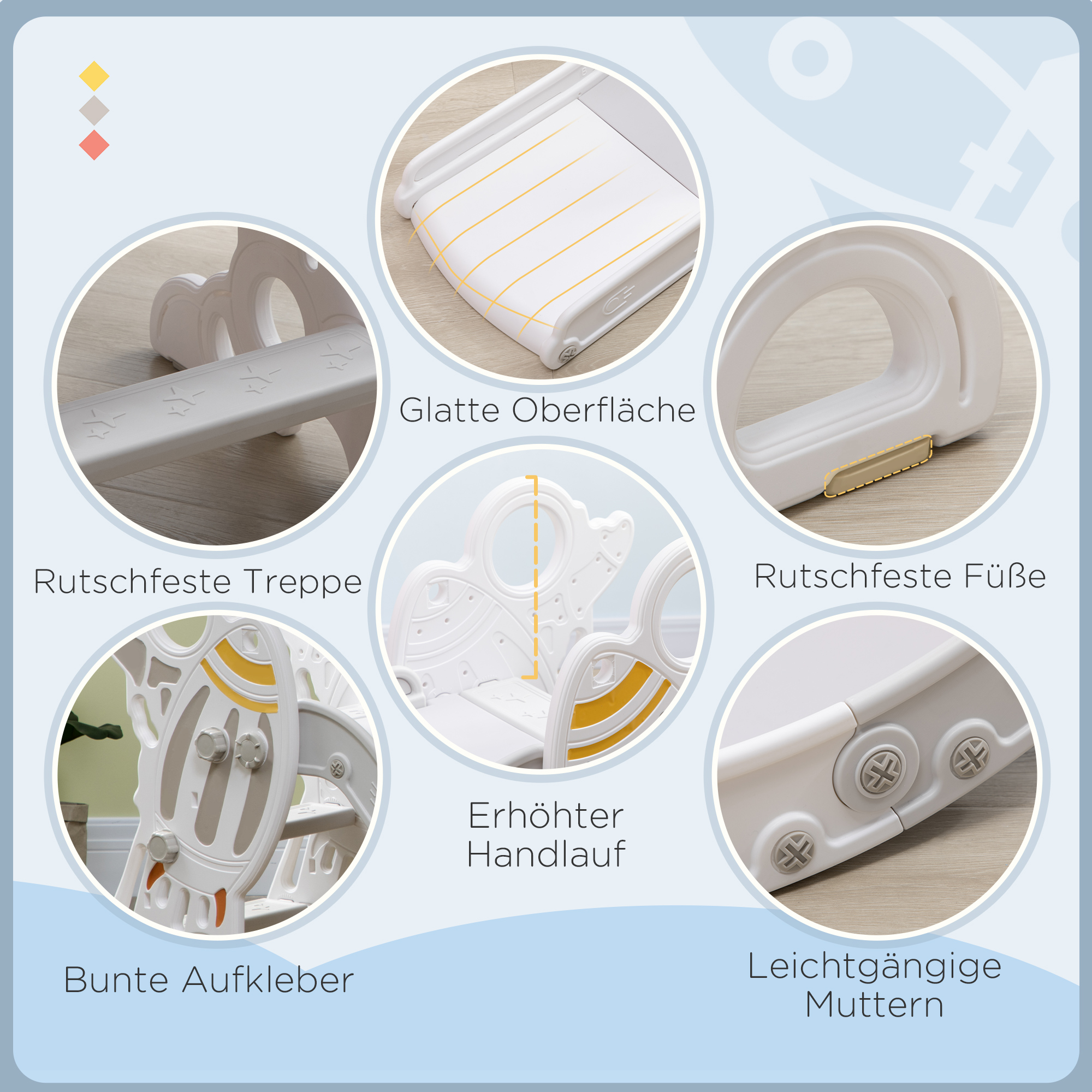 Rutsche für Kinder 1,5 bis 3 Jahre, Raketen-Design, Sticker-Set, grau, 157 x 46,5 x 80 cm