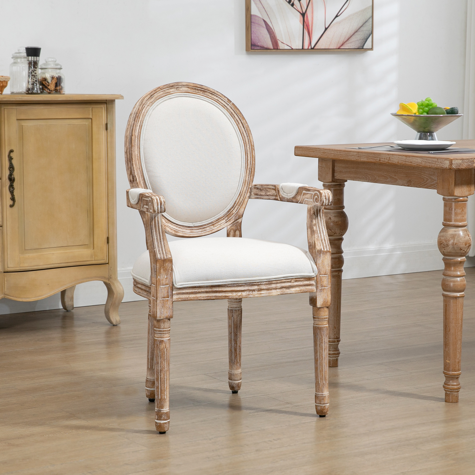 Küchenstuhl mit Armlehnen Polsterstuhl Esszimmerstuhl Retro-Design im Leinen-Optik für Wohnzimmer Gummiholz Cremeweiß+ helle Holzfarbe 56 x 56 x 96 cm