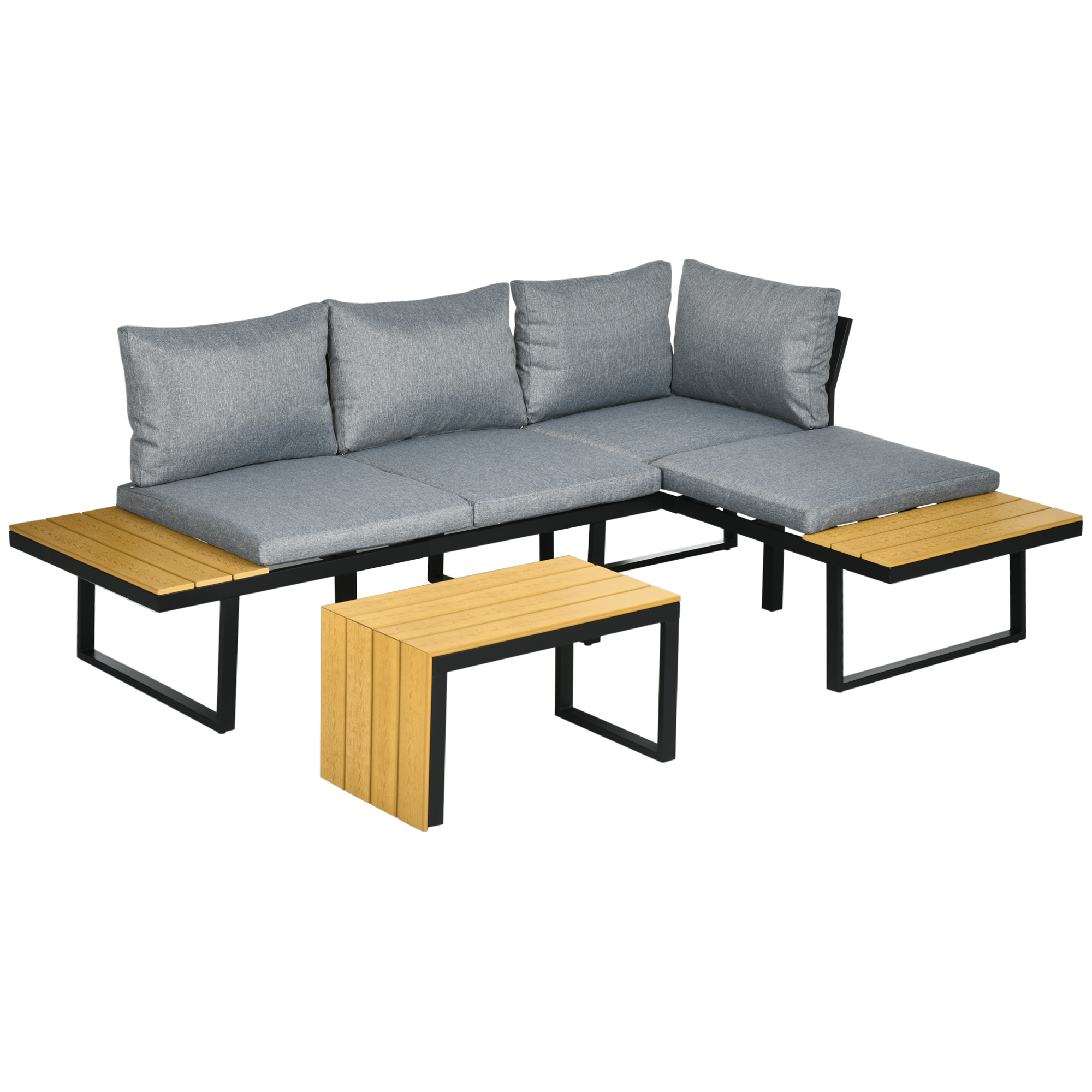 Gartenmöbel-Set für 3 Personen Balkonmöbel mit Sitzkissen, Aluminiumrahmen, Holzoptik, Dunkelgrau+Natur Gartenmöbel-Set für 3 Personen Balkonmöbel mit Sitzkissen, Aluminiumrahmen, Holzoptik, Dunkelgrau+Natur