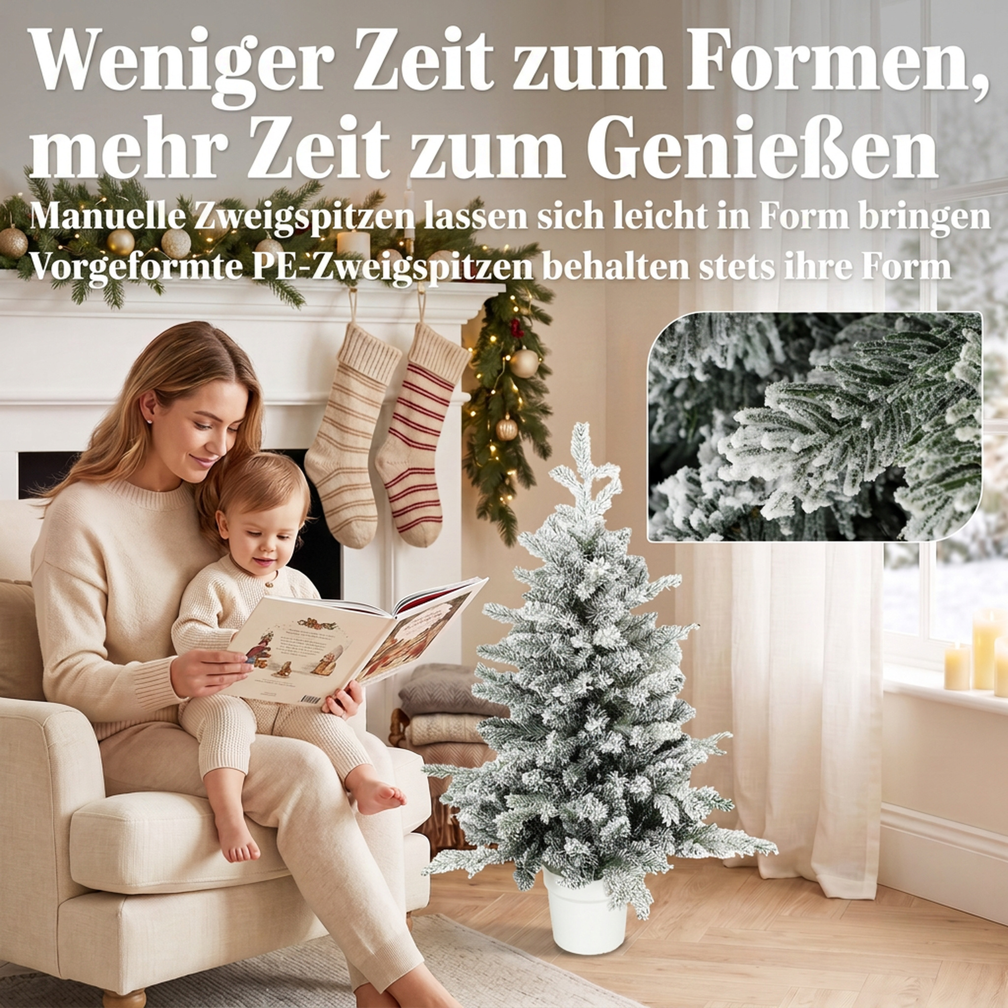 Mini 90 cm Weihnachtsbaum mit 296 Zweigspitzen Schnee-Effekt Topf, Mini-Tischbaum für Zuhause Büro, Weiß