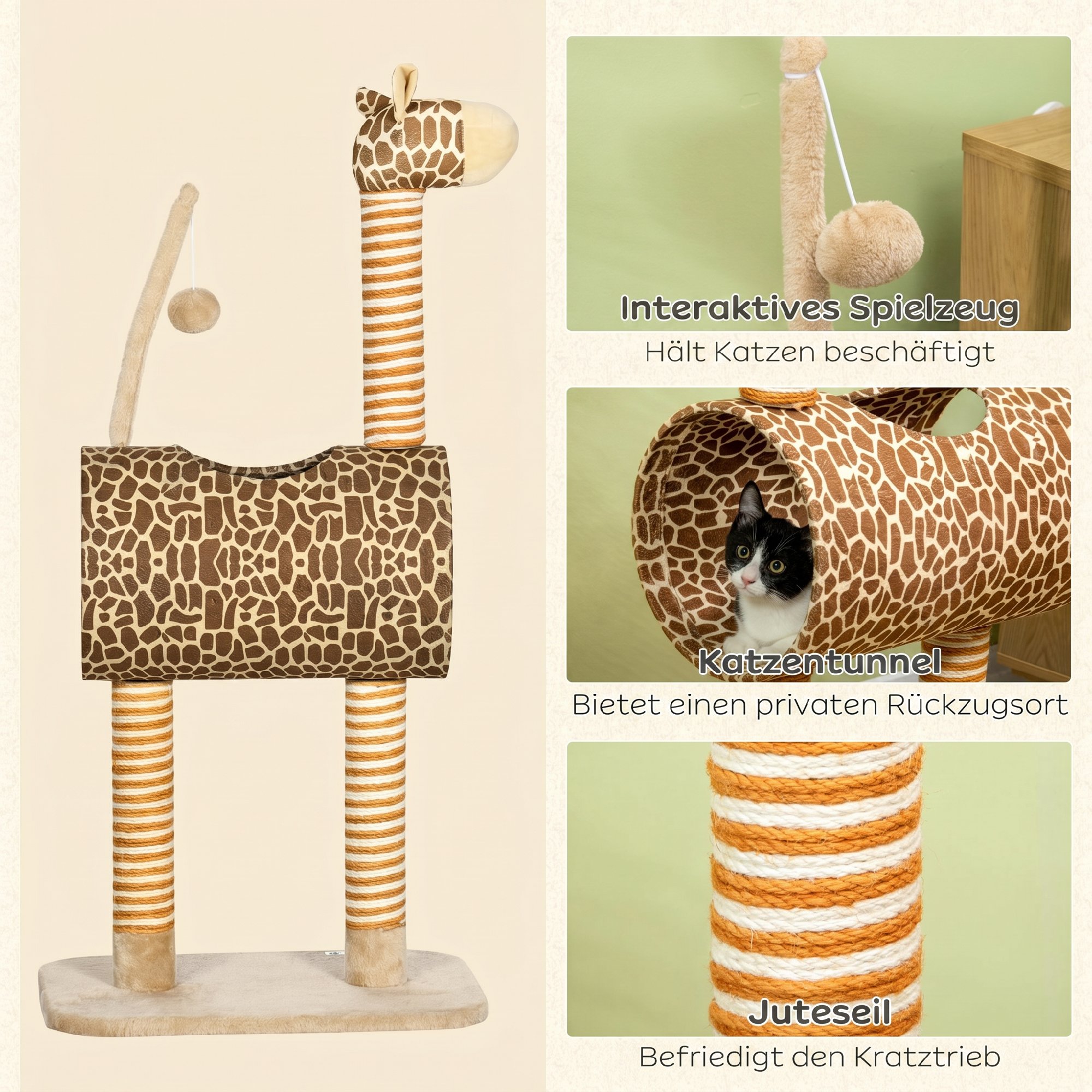 Kratzbaum 101 cm Katzenturm im Giraffendesign, mit Höhle, Spielball, Jutestämme für mittelgroße Katzen bis 5 kg