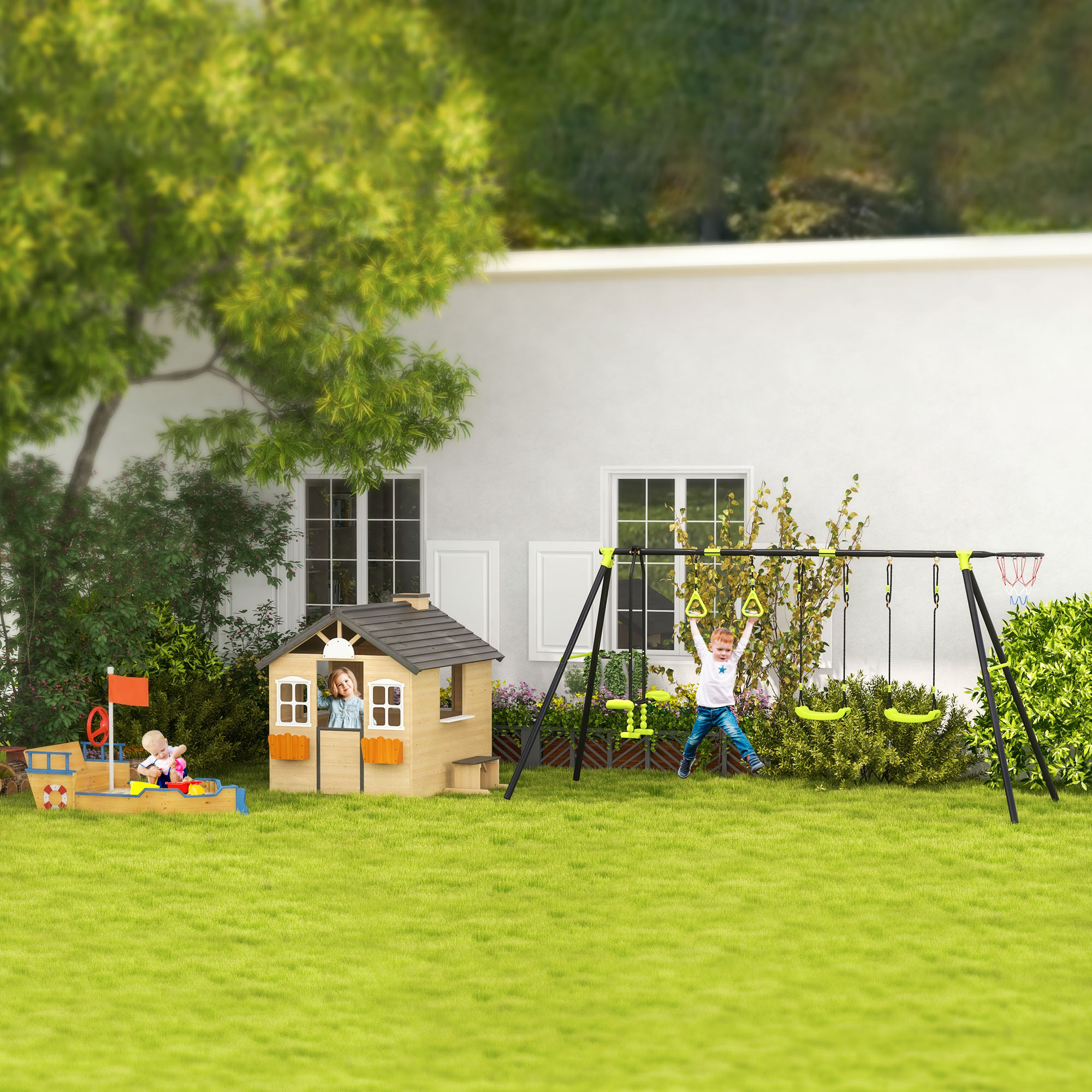 Spielhaus Kinderspielhaus aus Holz mit Tür Fenster Briefkasten Blumentopfrack Gartenhaus für Jungen und Mädchen 3-7 Jahre Kinderspielzeug für Outdoor & Indoor Natur