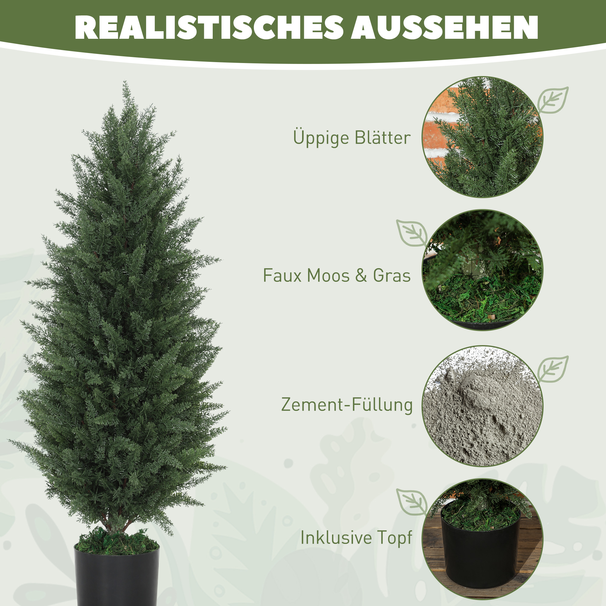 2er-Set Künstliche Zypressen, Kunstbäume mit 831 Blättern, mit Zementtopf, UV-beständig, Kunstpflanze, 90 cm, Grün