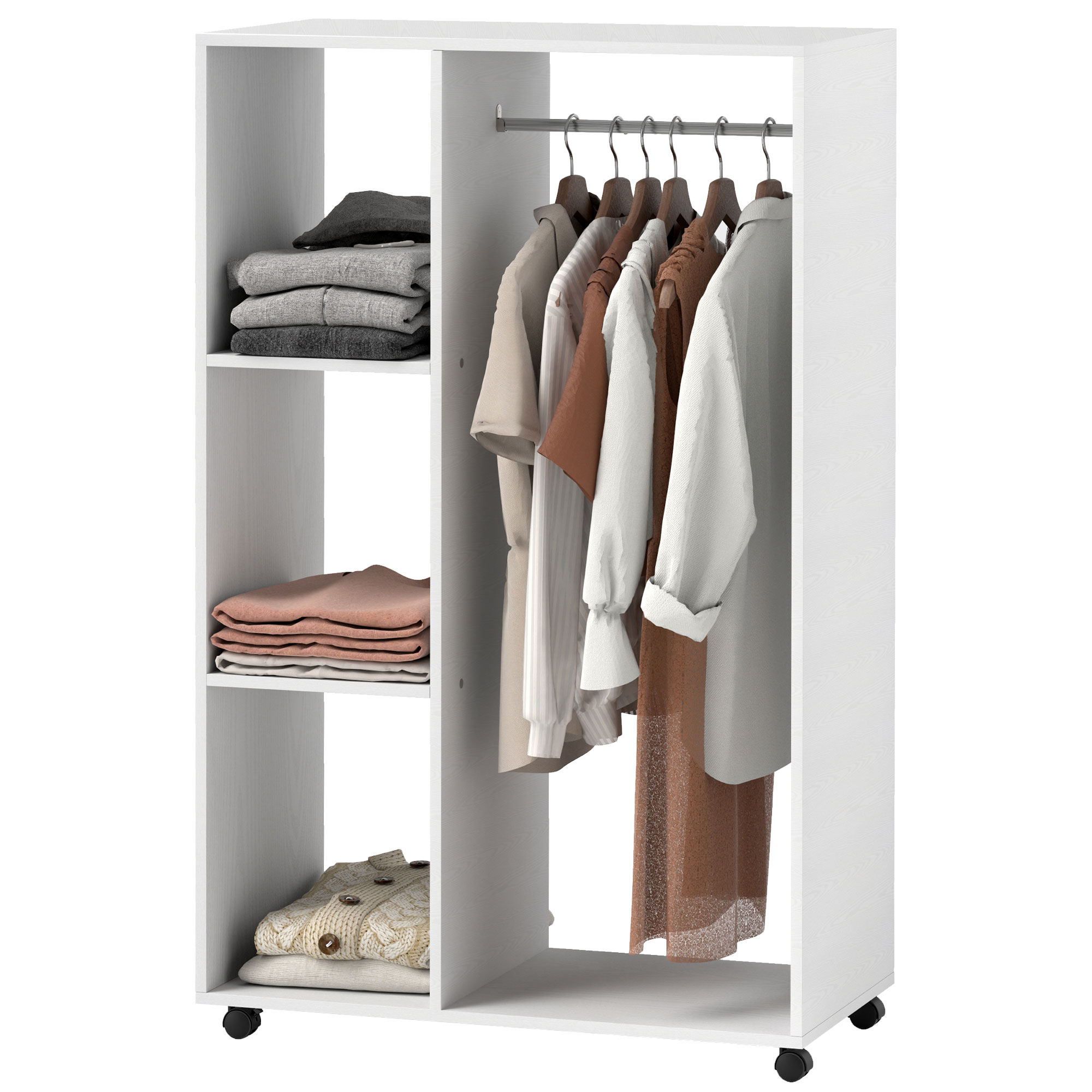 Kleiderschrank auf Rollen, mobile Garderobe, Garderobenschrank, Rollbarer Kleiderständer, 80 x 40 x 128 cm, Weiß