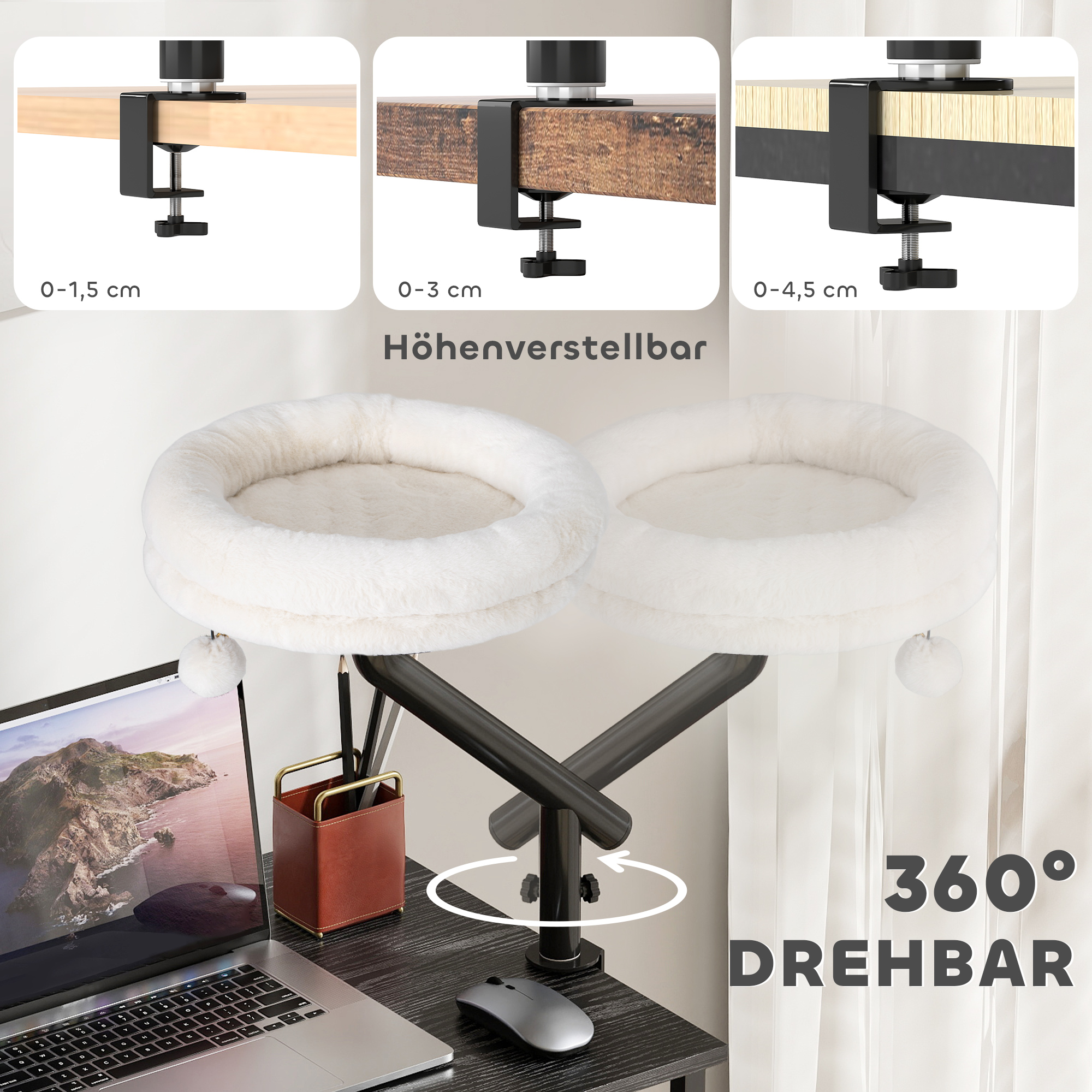 Katzen-Schreibtischbett, Katzenbett für Schreibtisch mit 360°Drehung, verstellbarer Höhe, Katzenliege mit abnehmbarem, maschinenwaschbarem Bett, für Katzen unter 6 kg, Heimbüro, Cremeweiß