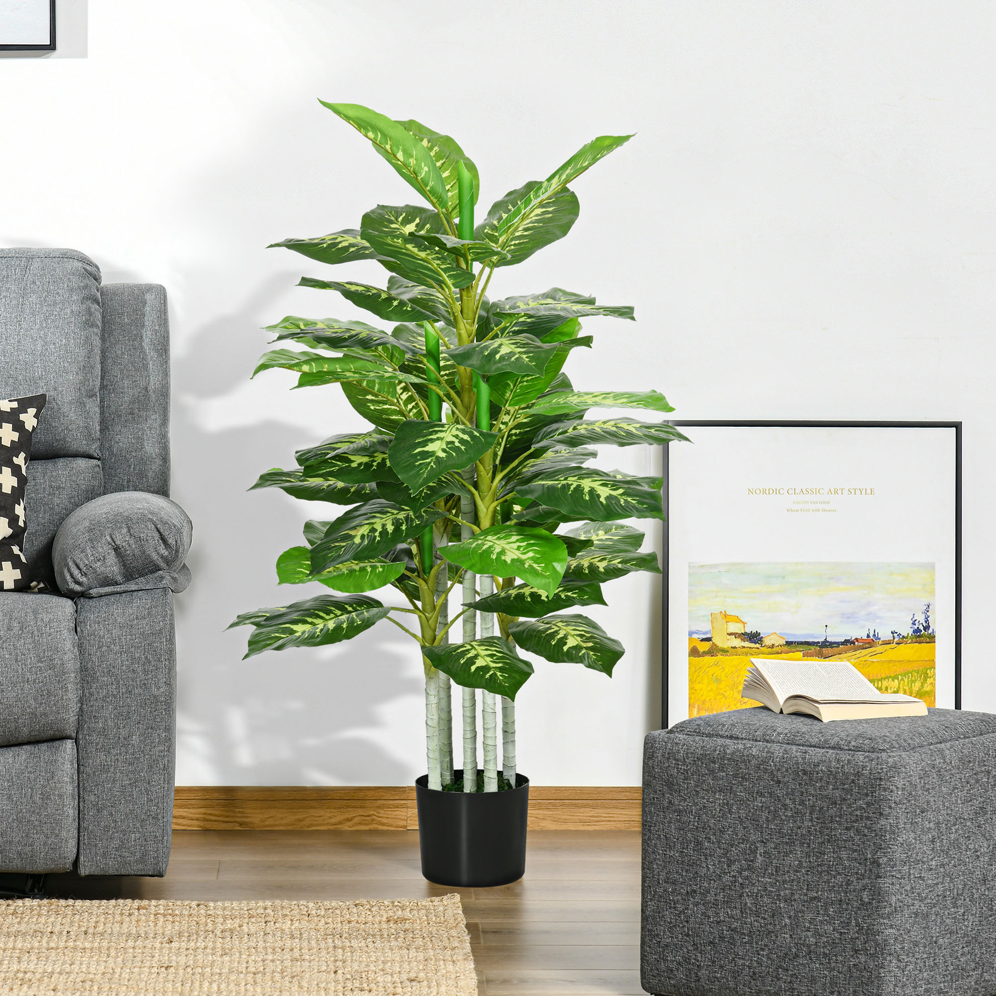 Kunstpflanze, Kunststoff-Pflanze, Zementtopf, Indoor und Outdoor, 120 cm, Grün