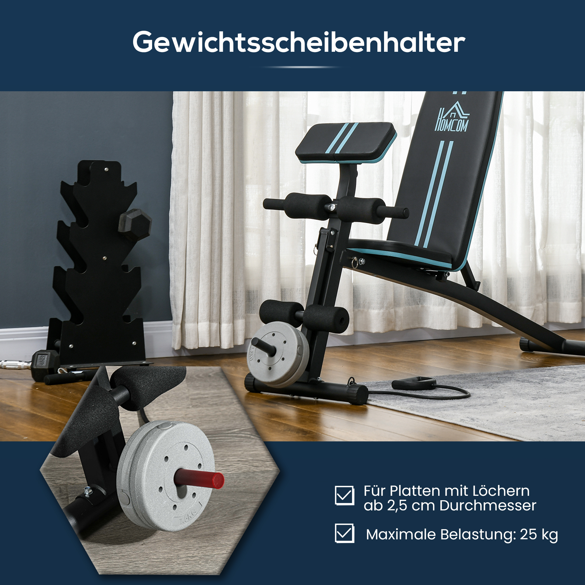 Hantelbank, Klappbar Trainingsbank mit 7-fach verstellbarer Rückenlehne, Fitnessbank bis 120 kg belastbar, Blau
