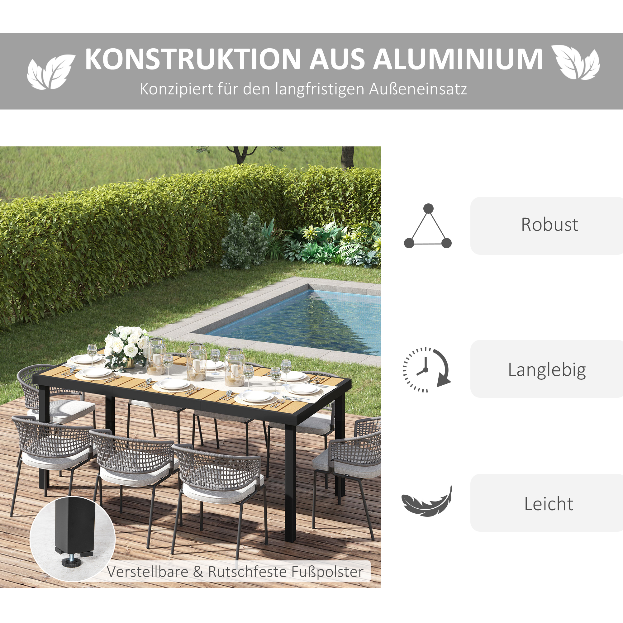 Gartentisch für 8 Personen Esstisch Aluminiumtisch Gartenmöbel Loungemöbel pflegeleicht Kunststoff Natur+Schwarz 190 x 90 x 74 cm