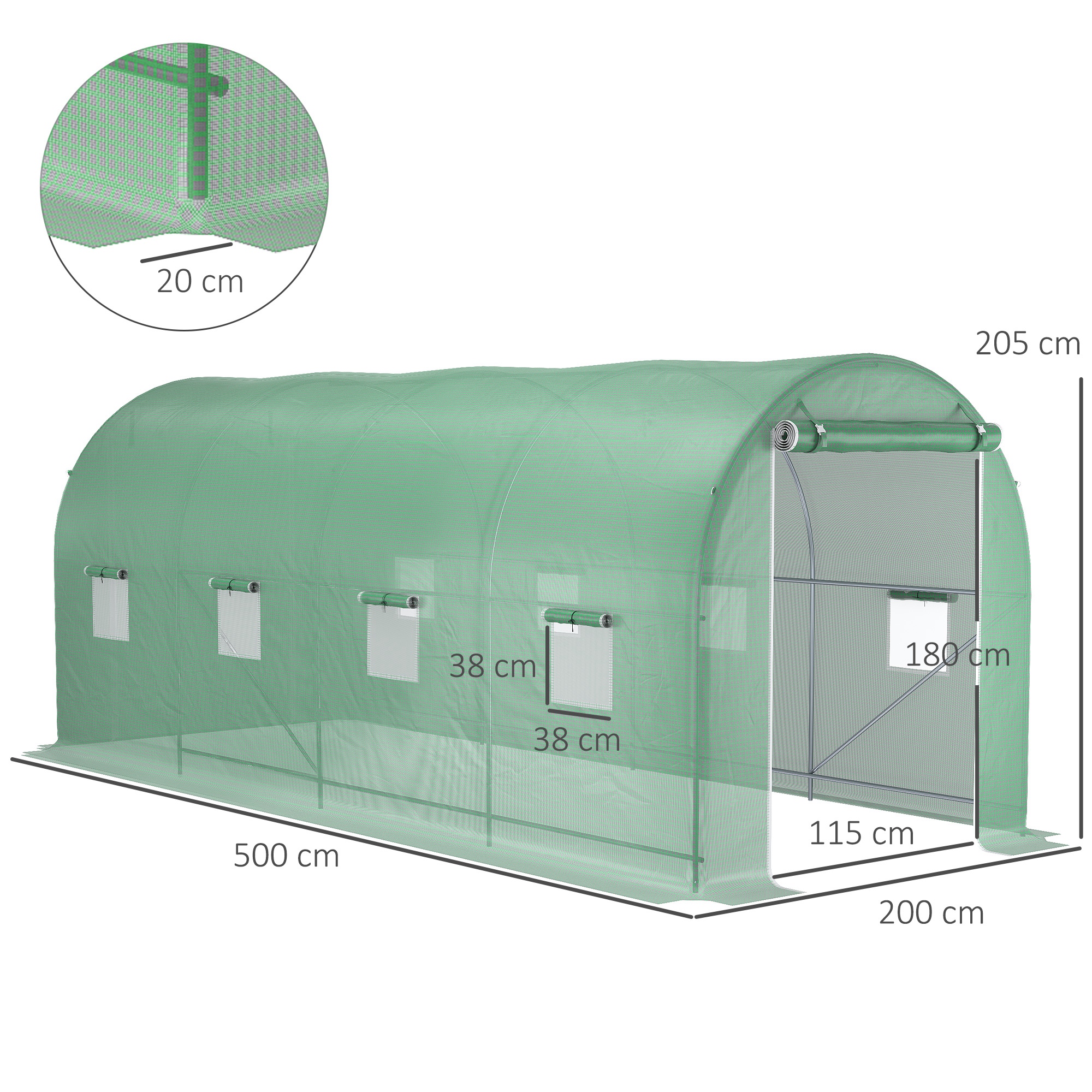 Gewächshaus 500x200x205cm Foliengewächshaus Tomatenhaus mit Tür, 8 Fenster, Folientunnel aus verzinktem Stahl, PE, stabiles Treibhaus Pflanztunnel, inkl. Erdanker & Seilen, Grün