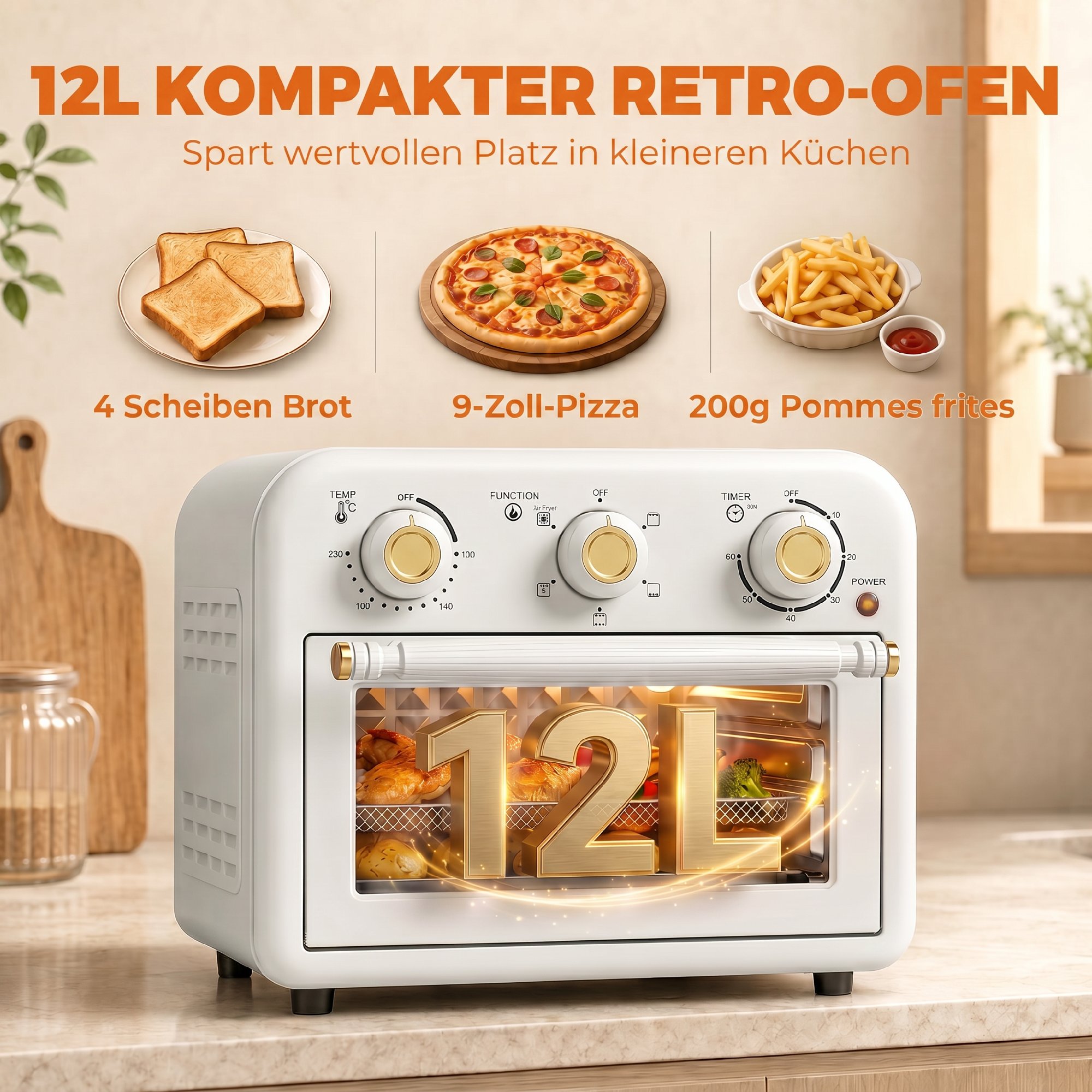 Heißluftfritteuse 12 Liter Mini Backofen mit Umluft, 5 Programmen, Backblech und Frittierkorb, 1200 W, Spülmaschinenfest