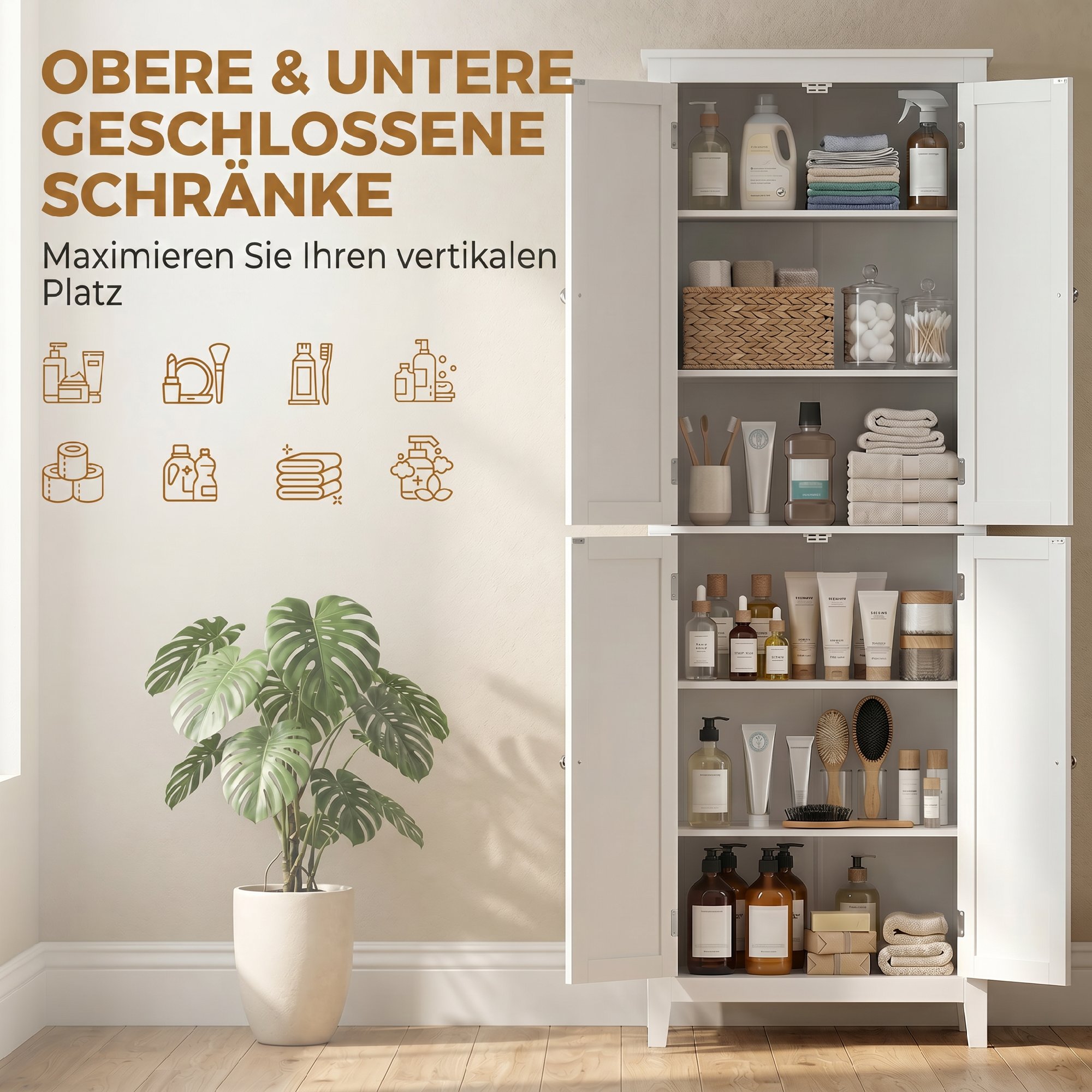 Badezimmerschrank 170 cm hoch, schmaler freistehender Badschrank mit verstellbaren Einlegeböden, für Waschküche