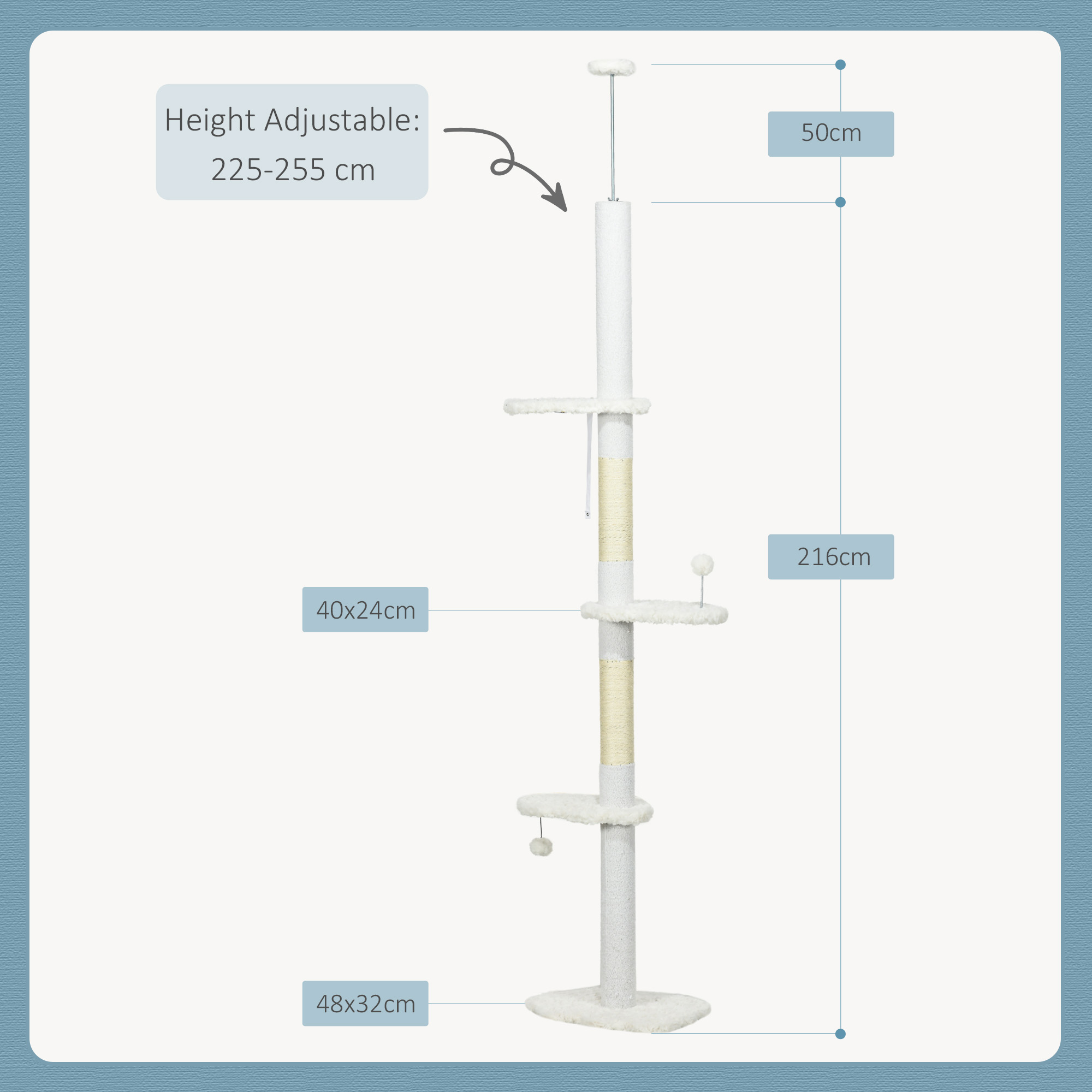Deckenhoher Kratzbaum, variable Höhe 2,25-2,55 m, Sitzplattformen, Kippschutz, Spielbälle, weiß