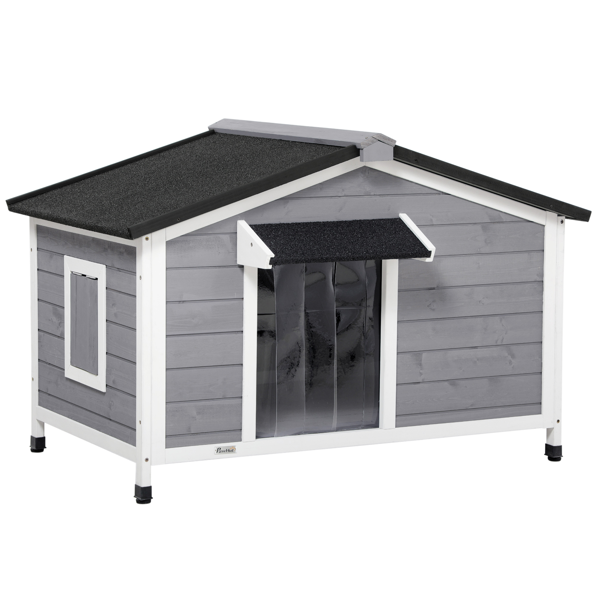 Hundehütte aus Massivholz, wetterbeständig, Asphaltdach, abnehmbarer Boden, 109 cm x 79 cm x 72 cm, Grau + Weiß Hundehütte aus Massivholz, wetterbeständig, Asphaltdach, abnehmbarer Boden, 109 cm x 79 cm x 72 cm, Grau + Weiß