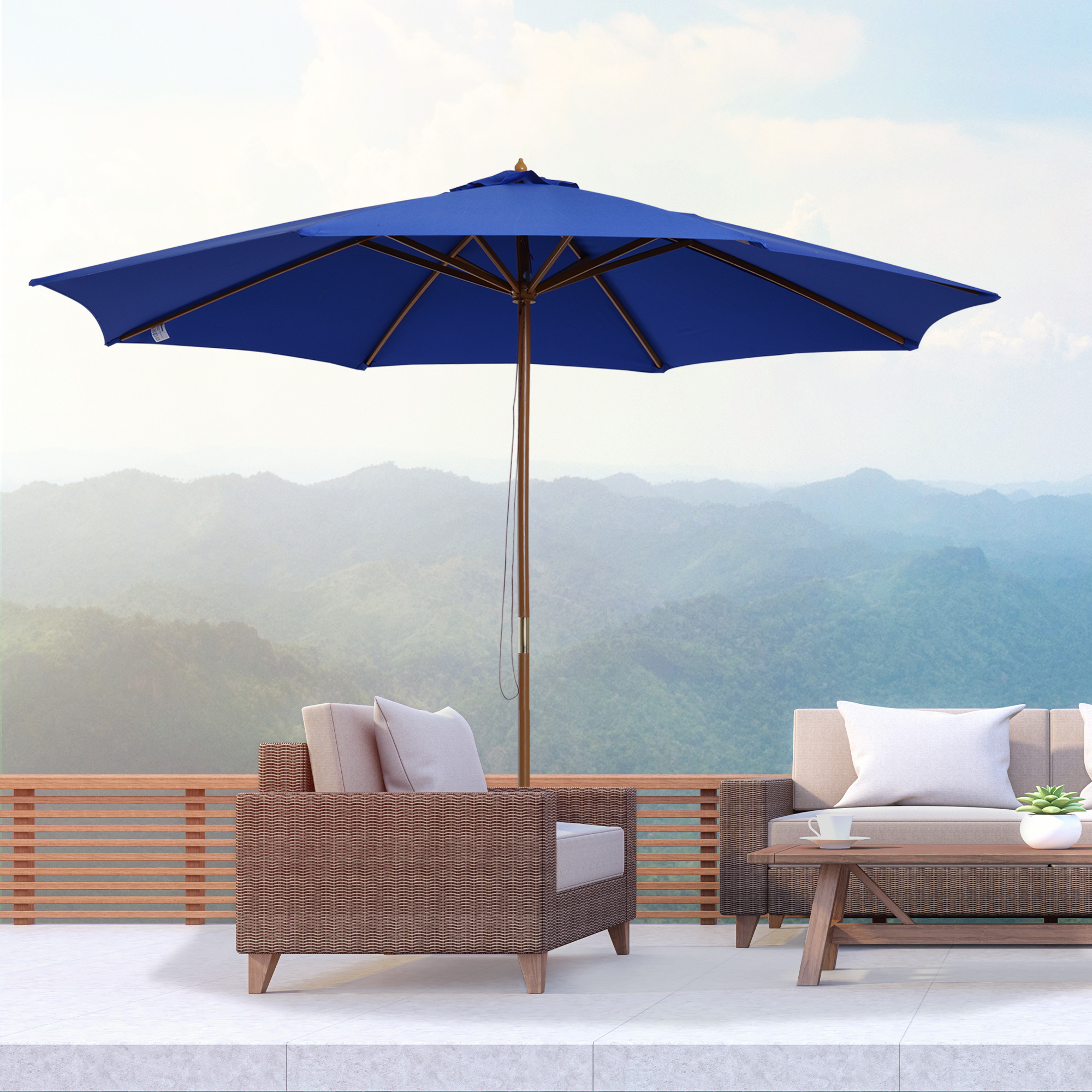 Sonnenschirm Gartenschirm , wetterbeständig, Bambus, 300 cm x 300 cm x 250 cm, Blau + Natur