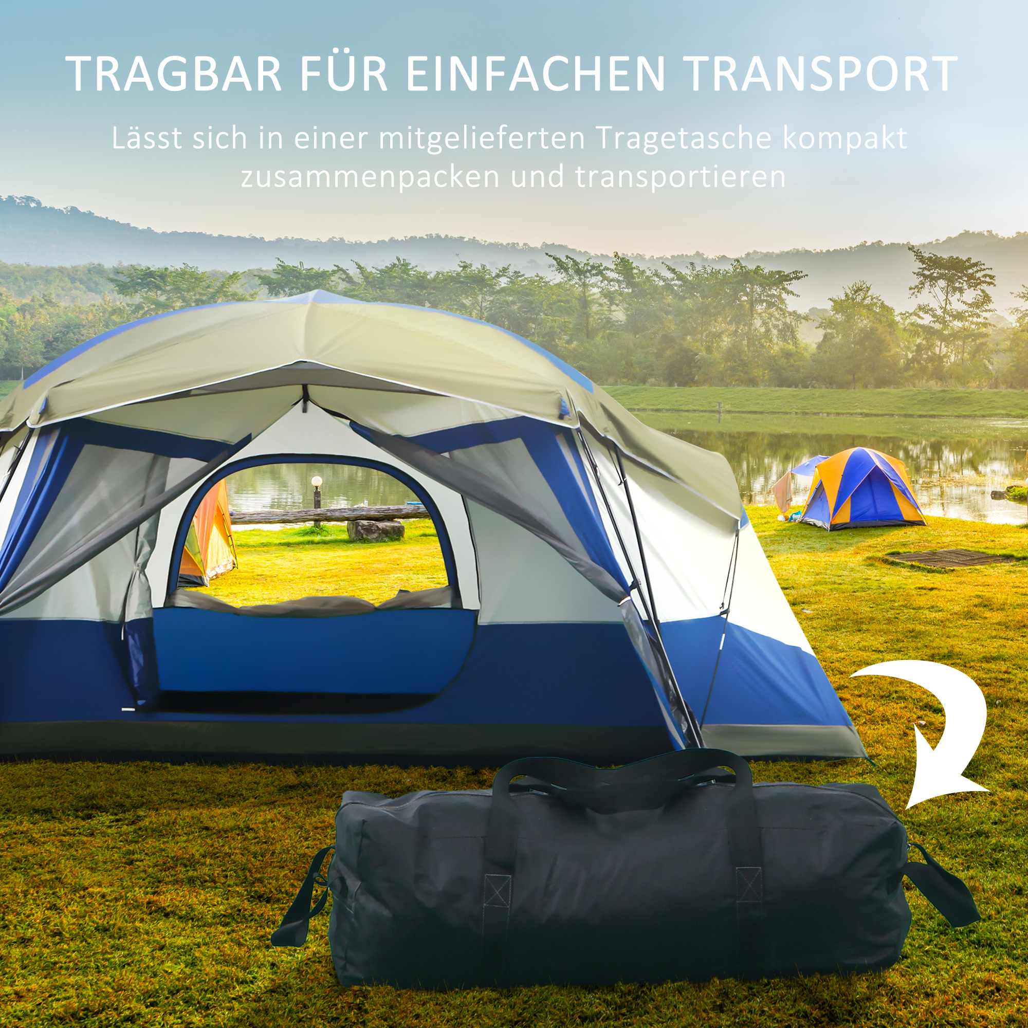 Camping Zelt 6-8 Personen Zelt Familienzelt mit Vorraum 2 Fenster Kuppelzelt Kunstleder3000mm für Trekking Festival Glasfaser Blau 518 x 487 x 237 cm