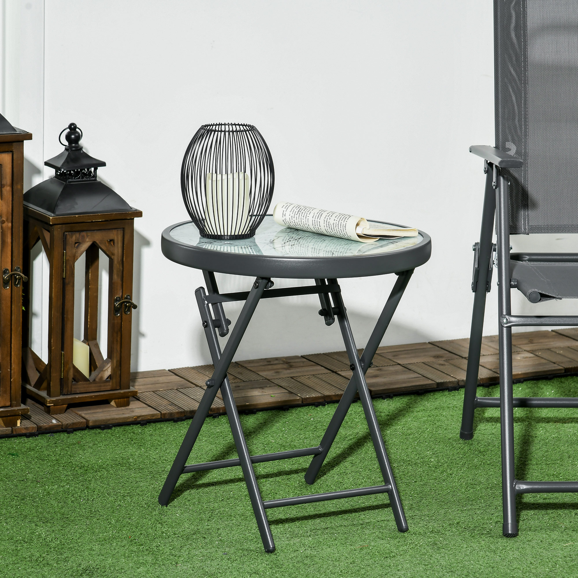 Klappbarer Beistelltisch, Outdoor-Klapptisch, mit Tischplatte aus gehärtetem Glas, für Terrasse, 45 x 45 x 50 cm, Weiß