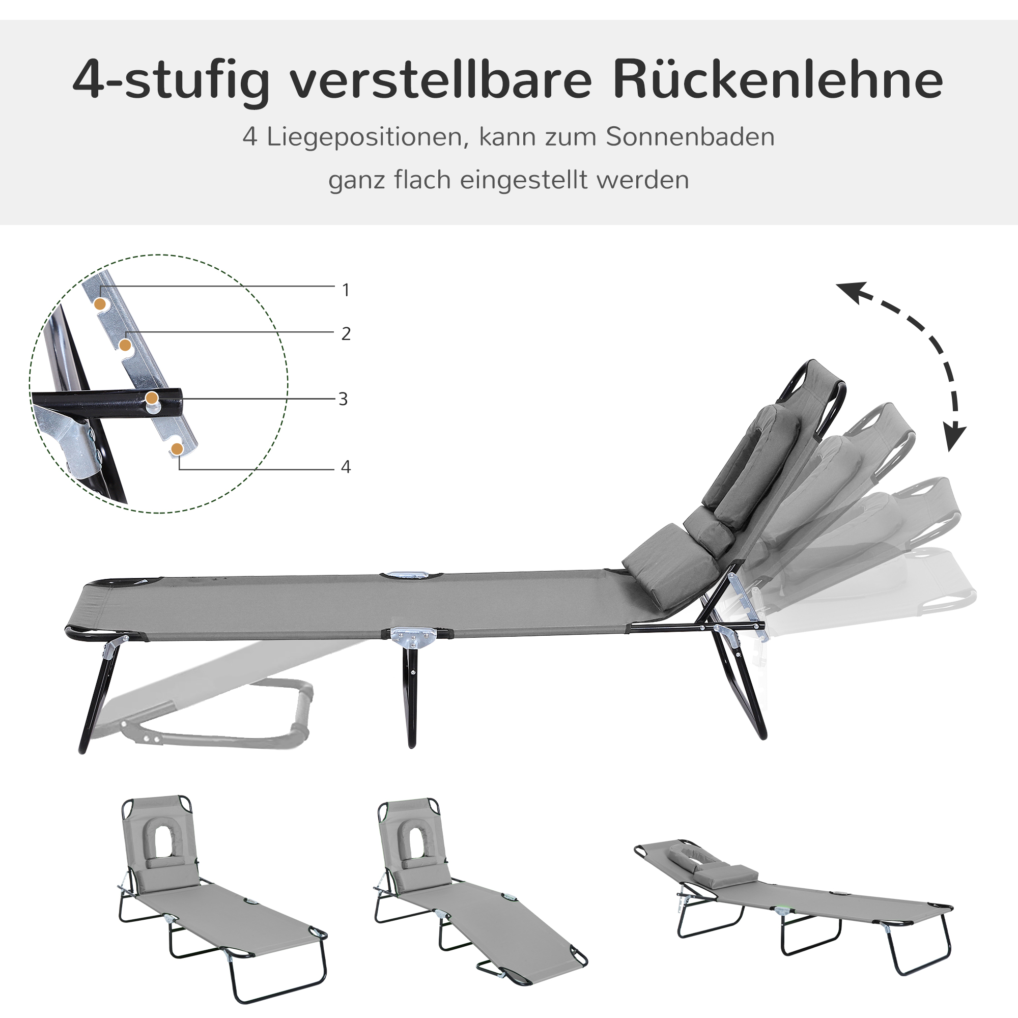 Sonnenliege mit Gesichtsloch & Kissen, klappbar, wasserabweisender Bezug, Metallrahmen, Dunkelgrau