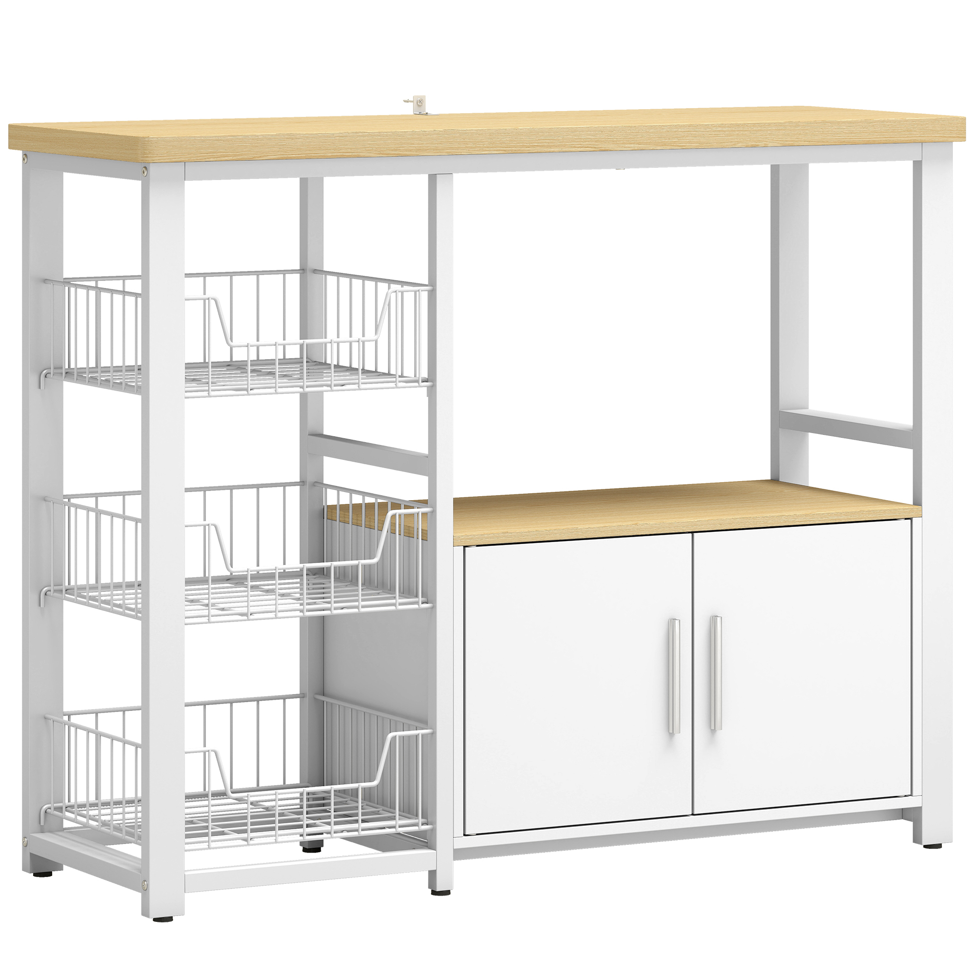 Küchenaufbewahrungsregal mit Schiebekörben und Schrank, Mikrowellenunterlage, 100 x 35 x 80 cm, weiß