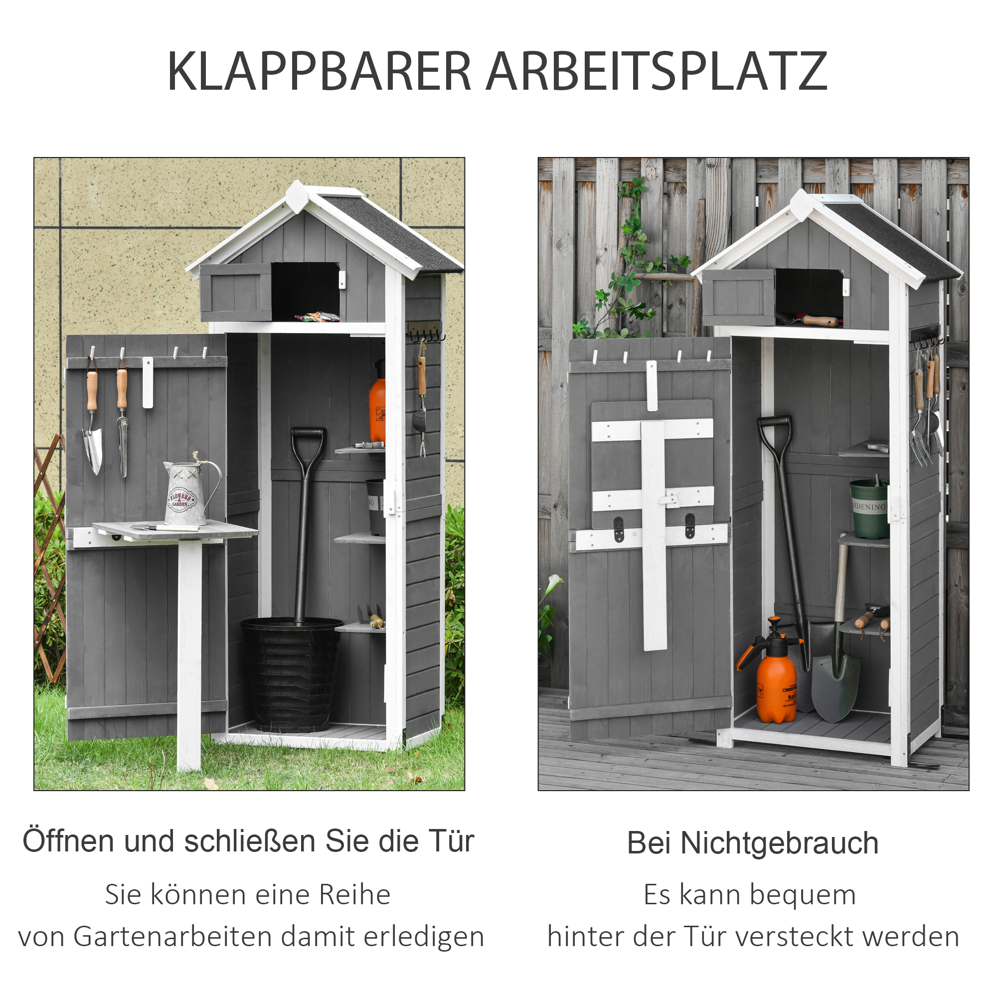 Gartenschrank Holz, Geräteschuppen wetterfest 78x52,5x182cm, Gerätehaus mit Tür, Satteldach, Geräteschrank mit Haken, faltbar Tisch, Werkzeugschrank Gartenschuppen für Garten, Terrasse, Grau