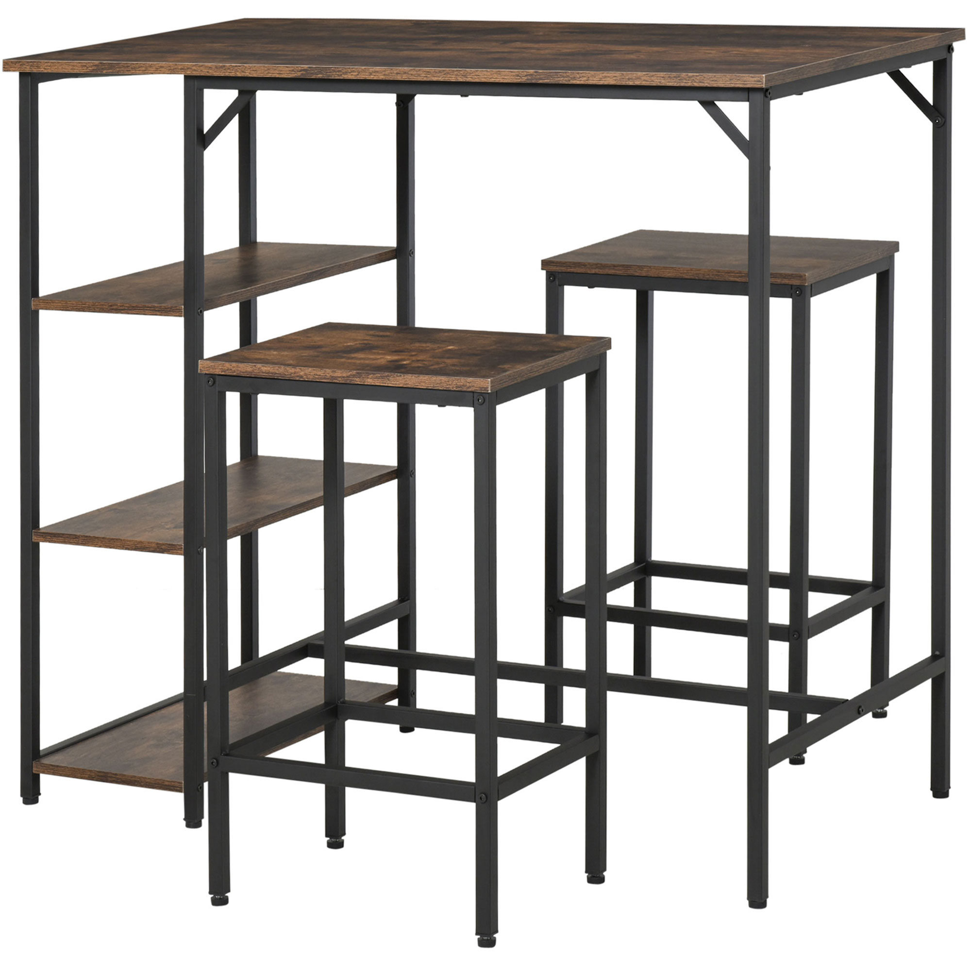 Bartisch-Set Stehtisch mit 2 Barhockern Essgruppe 3-teiliges Tischset Küchentresen mit Regale Spanplatte Stahl Rustikales Braun+Schwarz 109 x 60 x 100 cm Bartisch-Set Stehtisch mit 2 Barhockern Essgruppe 3-teiliges Tischset Küchentresen mit Regale Spanplatte Stahl Rustikales Braun+Schwarz 109 x 60 x 100 cm