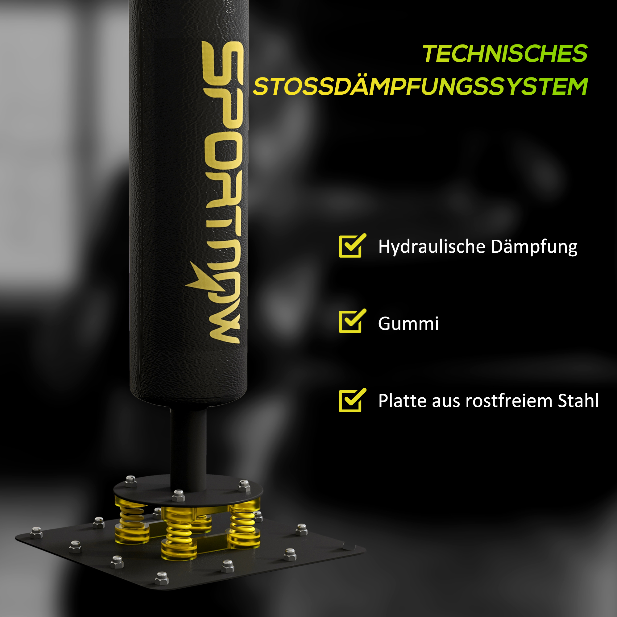 Boxstand, zwei Speedballs, drehbare Boxstange, Kickpolster, höhenverstellbar, Stahl, 107 x 36 x 140-205 cm, Schwarz