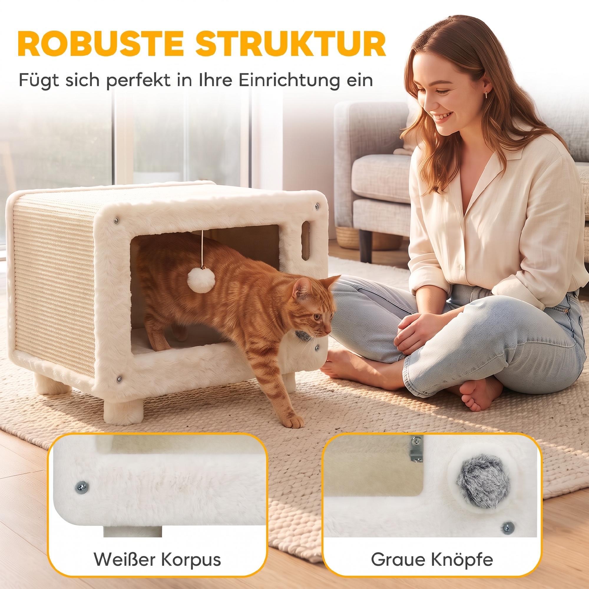 Katzenhaus im TV-Design, Katzenhöhle mit Hängematte und Spielball, Sisal-Kratzmatte, für Katzen bis 7 kg 50 x 33 x 42 cm