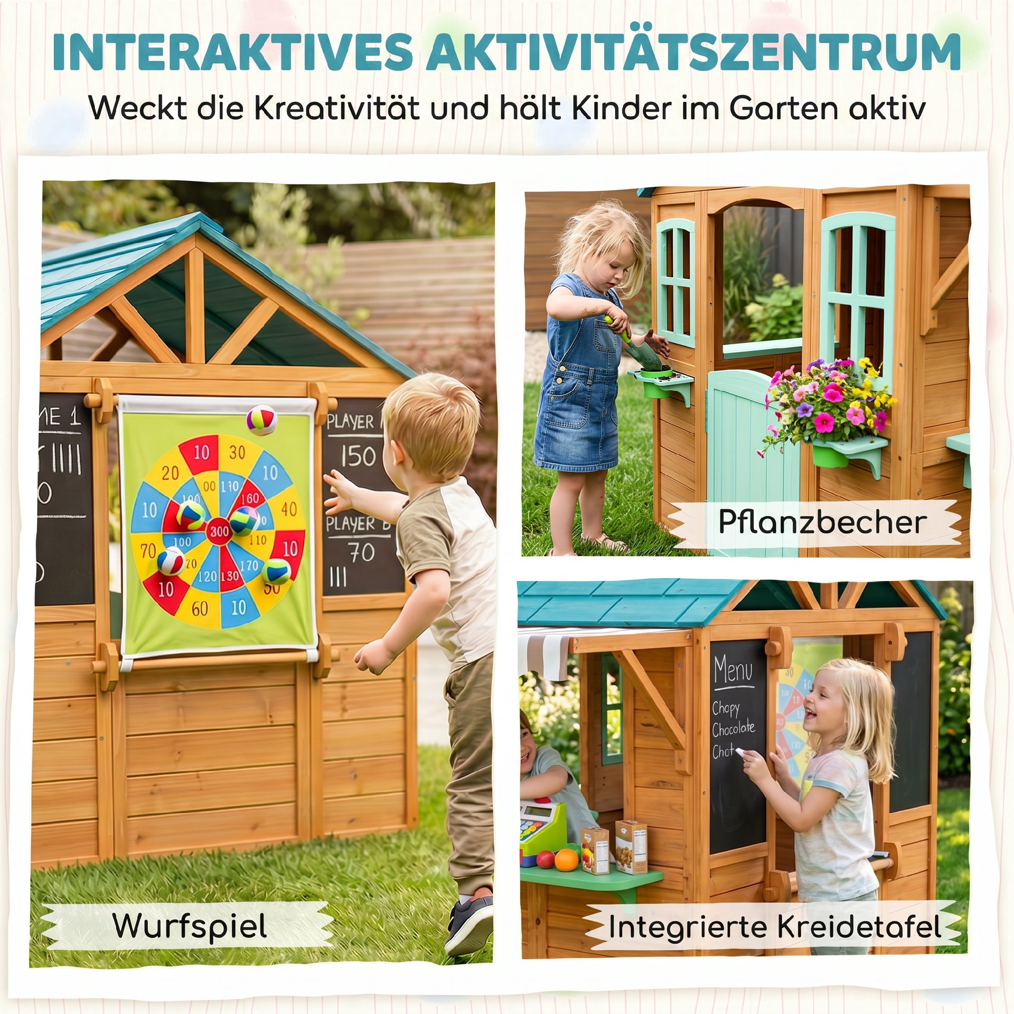 Outdoor Kinderspielhaus mit Verkaufstheke Pflanzenkasten Kreidetafel Zieltuch 4 Ball 142 x 120 x 141,5 cm Mehrfarbig