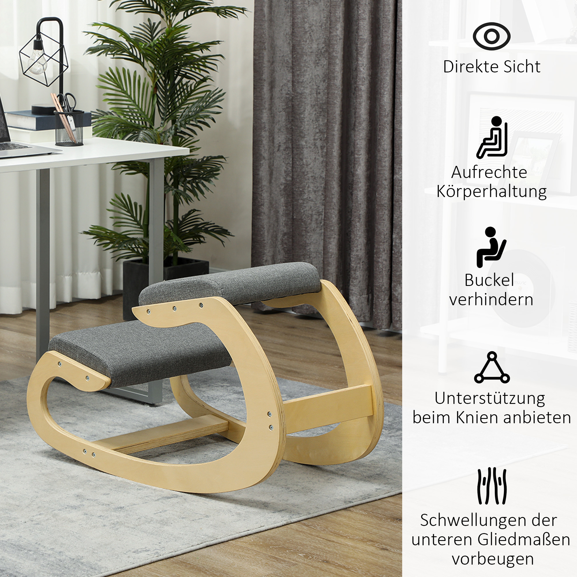 ergonomischer, schaukelnder Kniehocker für Homeoffice, zur Verbesserung der Körperhaltung, Grau