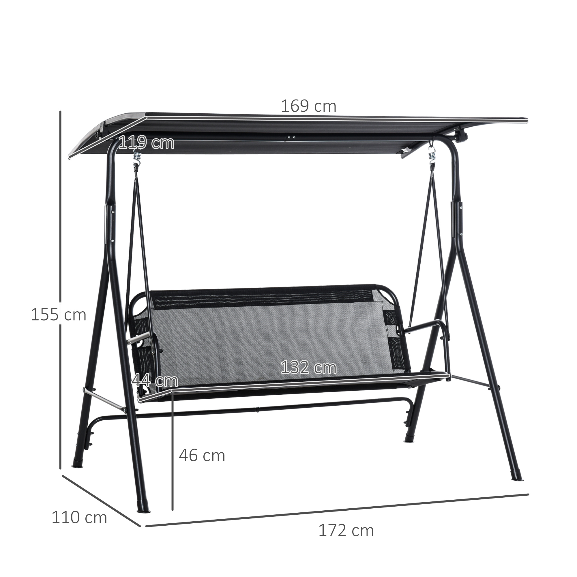 2-Sitzer Hollywoodschaukel Outdoor Gartenliege UV-beständig Hochwertiges Metallrohr winkeleinstellbar Schwarz