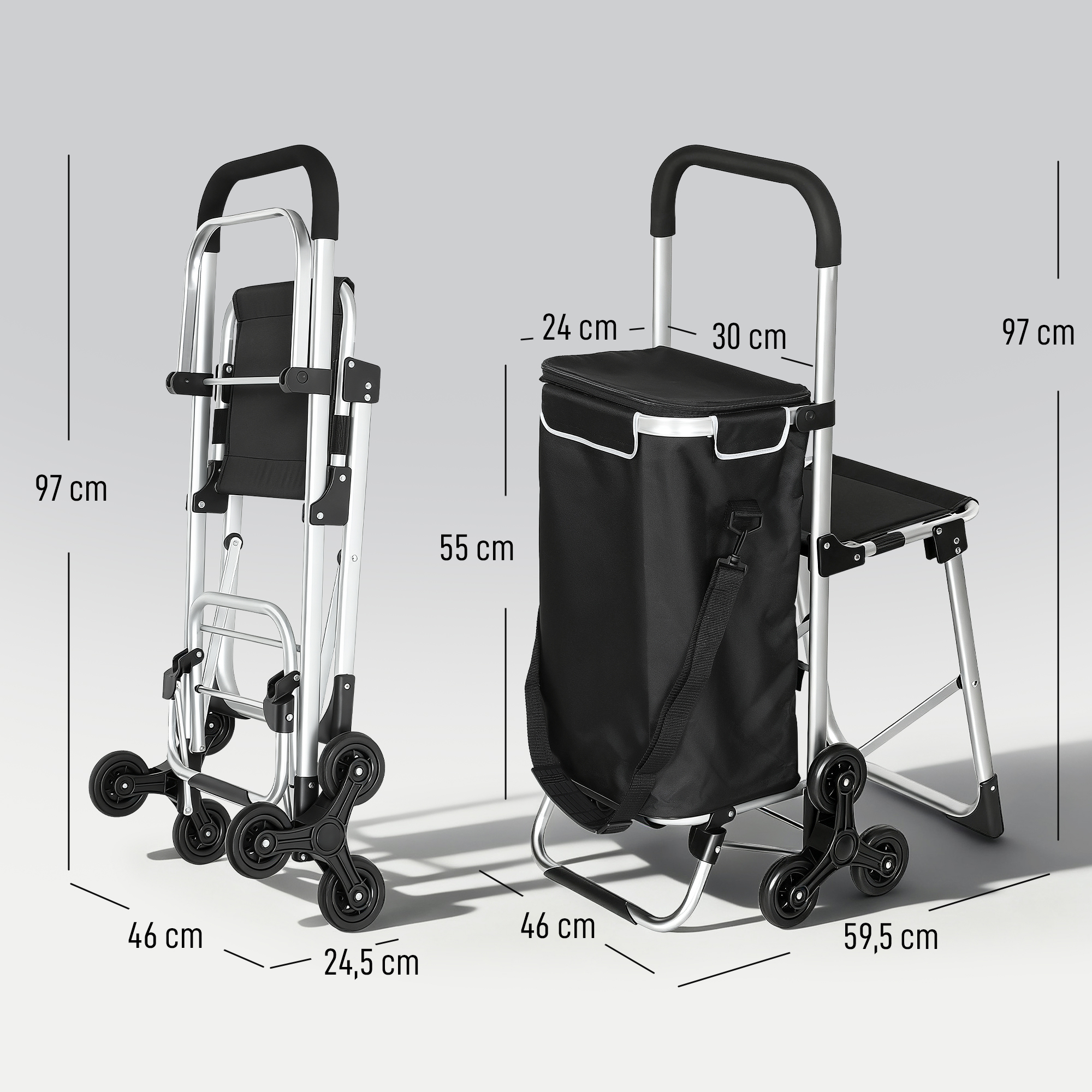 Einkaufstrolley, 40 L Oxford-Tasche, 3-Rad-Design, Aluminiumrahmen, Sitz, Grau